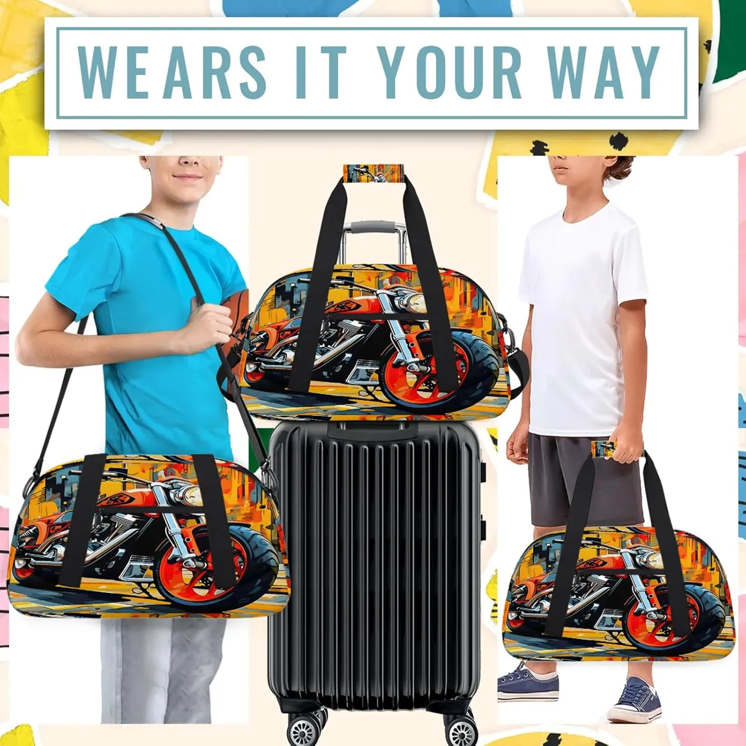 Cool Motorcycle Small Gym Bag 18 inch Carry On Duffel Bag for Weekender Travel Sports Workout Yoga Gymnastics Dance Ballet