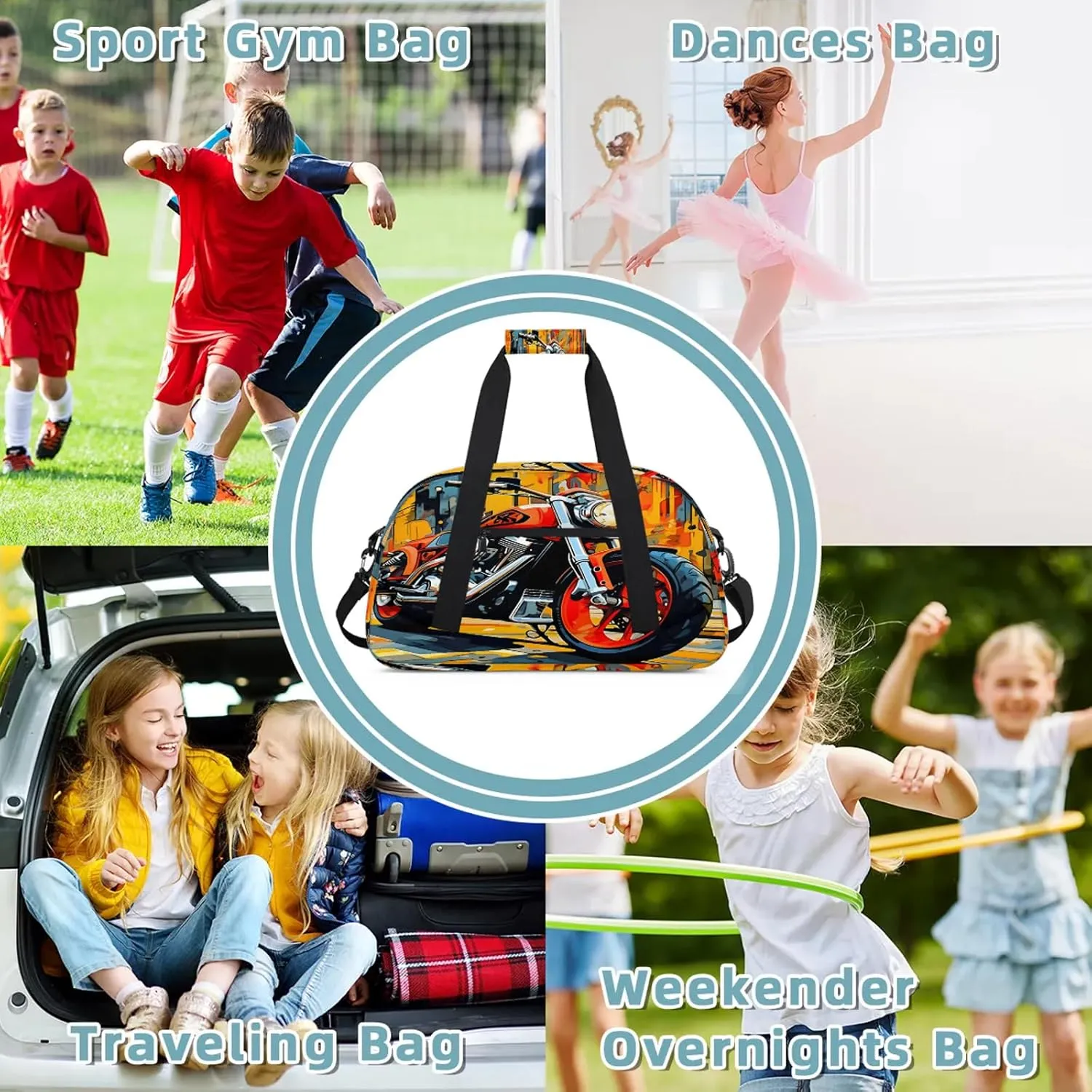 Cool Motorcycle Small Gym Bag 18 inch Carry On Duffel Bag for Weekender Travel Sports Workout Yoga Gymnastics Dance Ballet