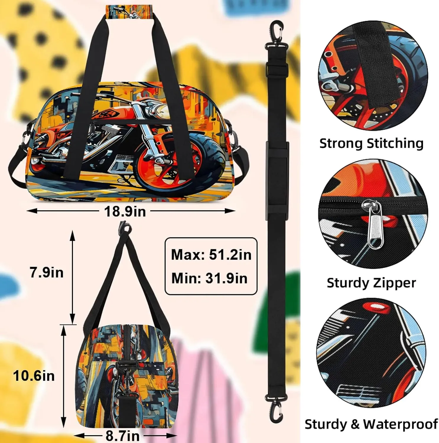 Cool Motorcycle Small Gym Bag 18 inch Carry On Duffel Bag for Weekender Travel Sports Workout Yoga Gymnastics Dance Ballet