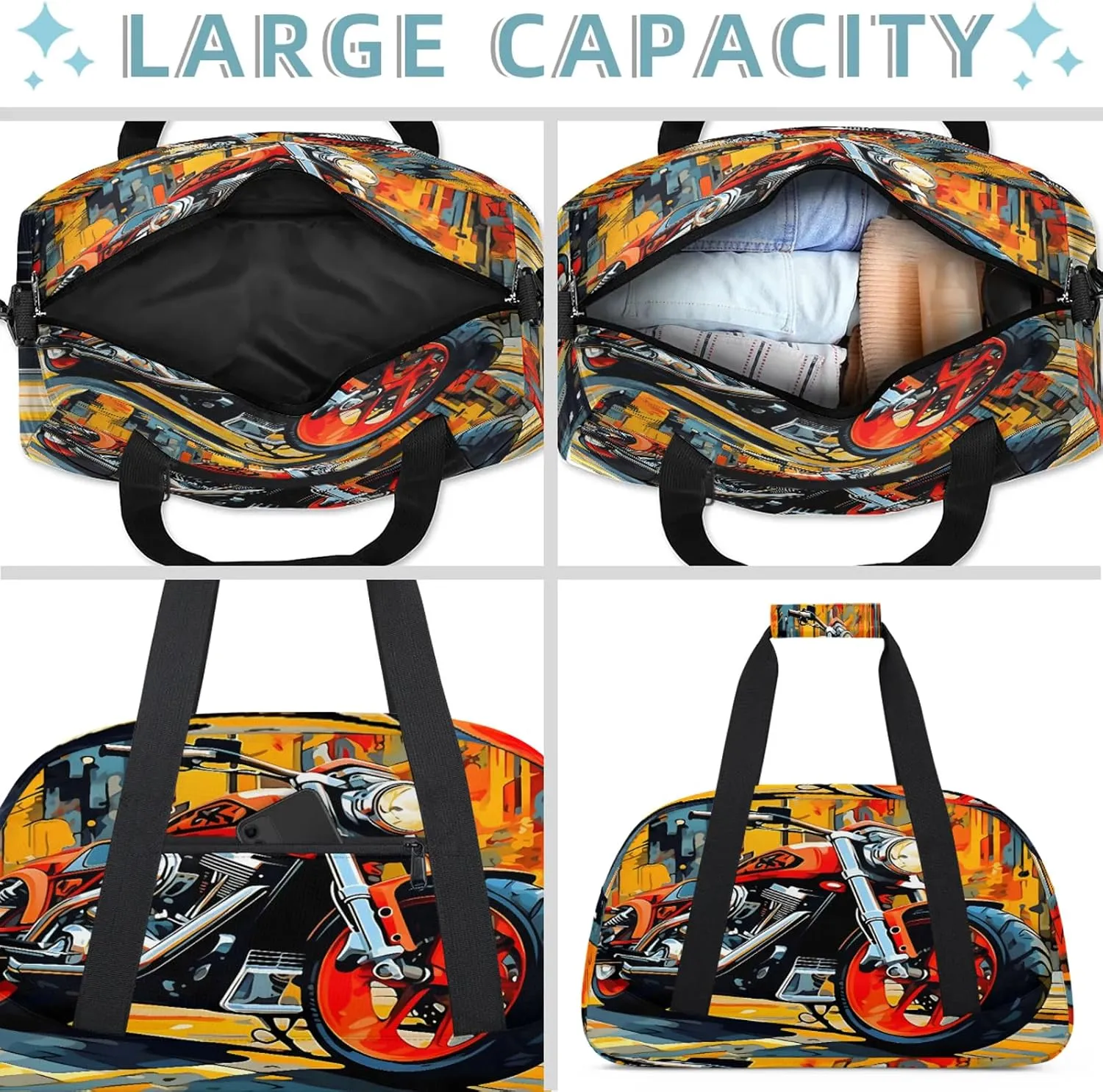 Cool Motorcycle Small Gym Bag 18 inch Carry On Duffel Bag for Weekender Travel Sports Workout Yoga Gymnastics Dance Ballet