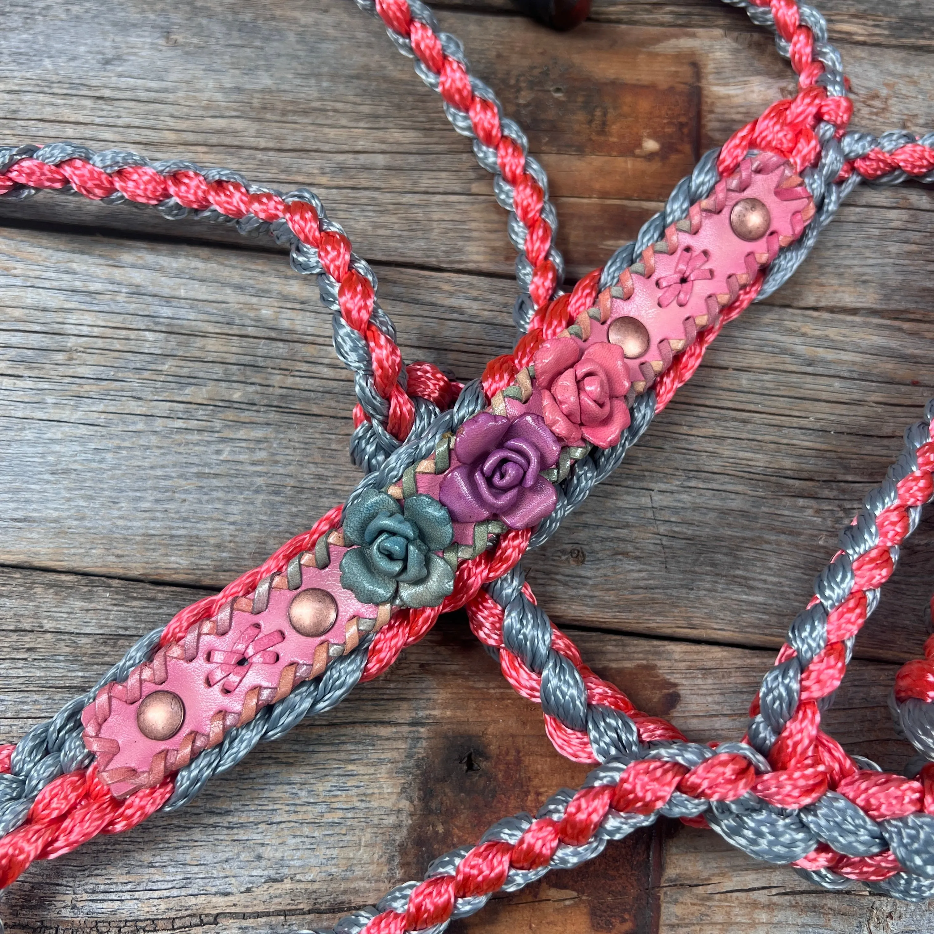 Coral and Grey Mule Tape Halter - Pastel Roses #MT235