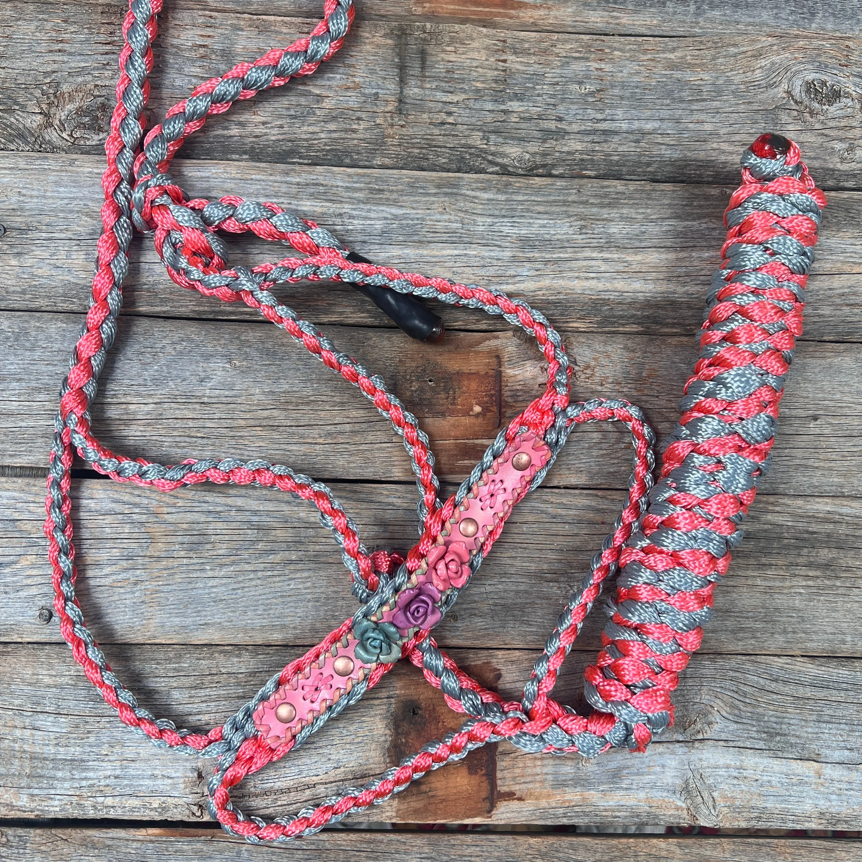 Coral and Grey Mule Tape Halter - Pastel Roses #MT235