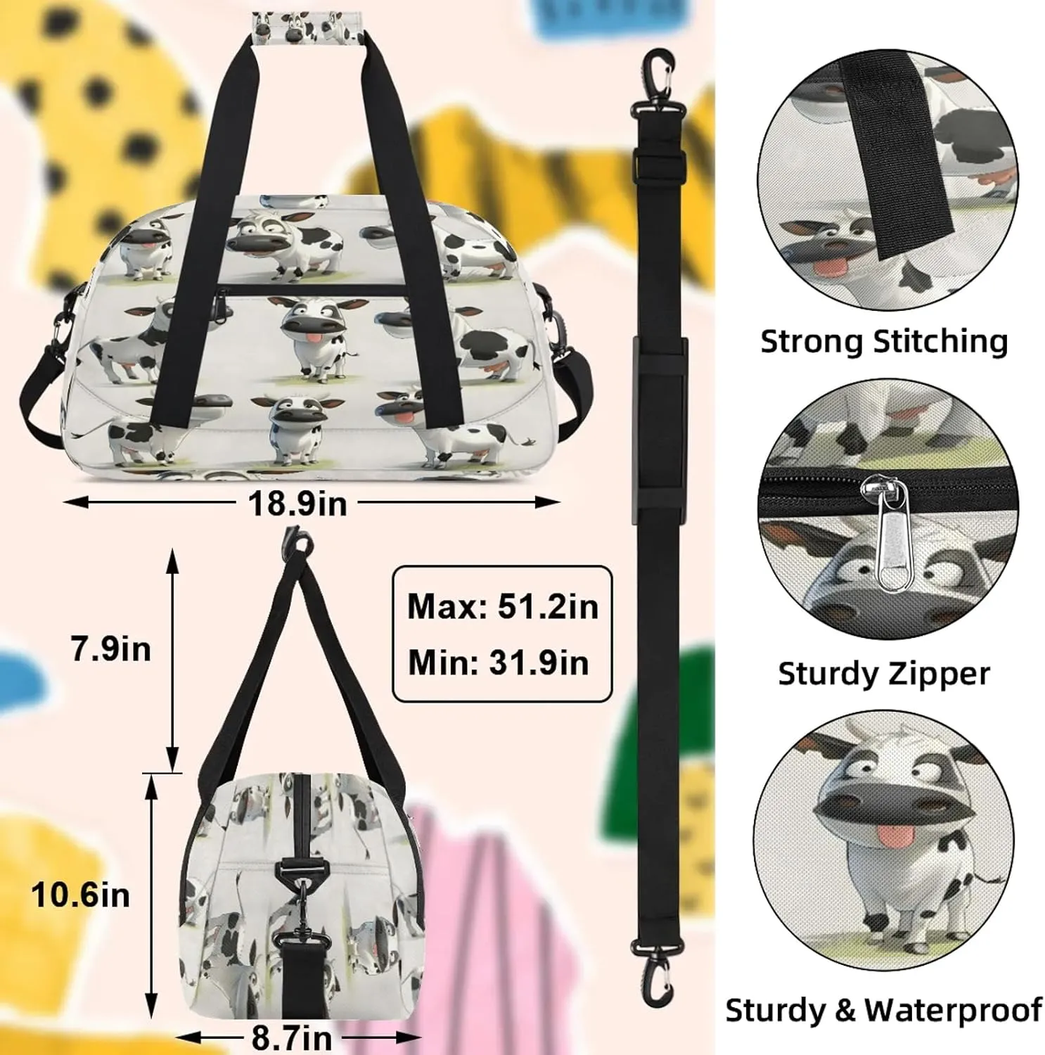 Cow Farm Animal Small Gym Bag 18 inch Carry On Duffel Bag for Weekender Travel Sports Workout Yoga Gymnastics Dance Ballet