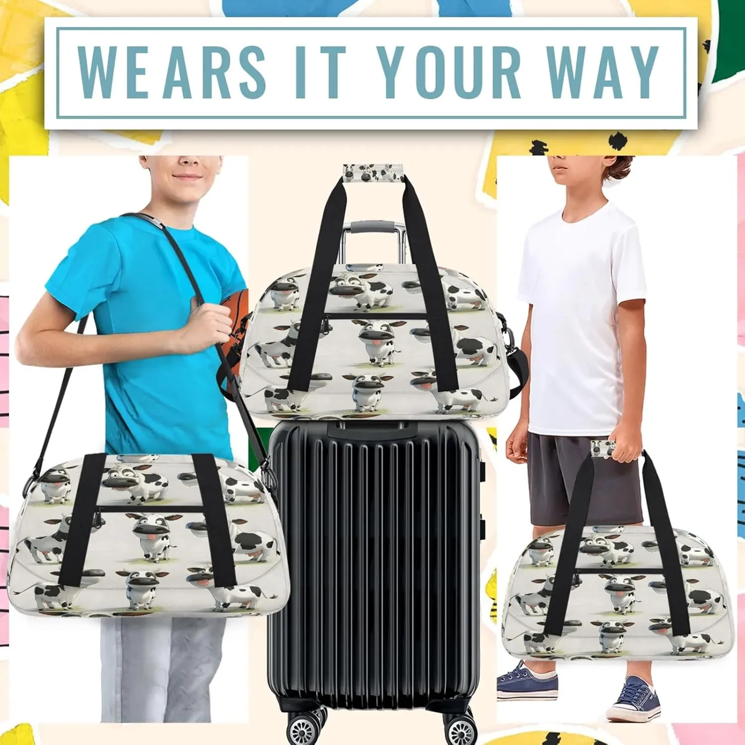 Cow Farm Animal Small Gym Bag 18 inch Carry On Duffel Bag for Weekender Travel Sports Workout Yoga Gymnastics Dance Ballet