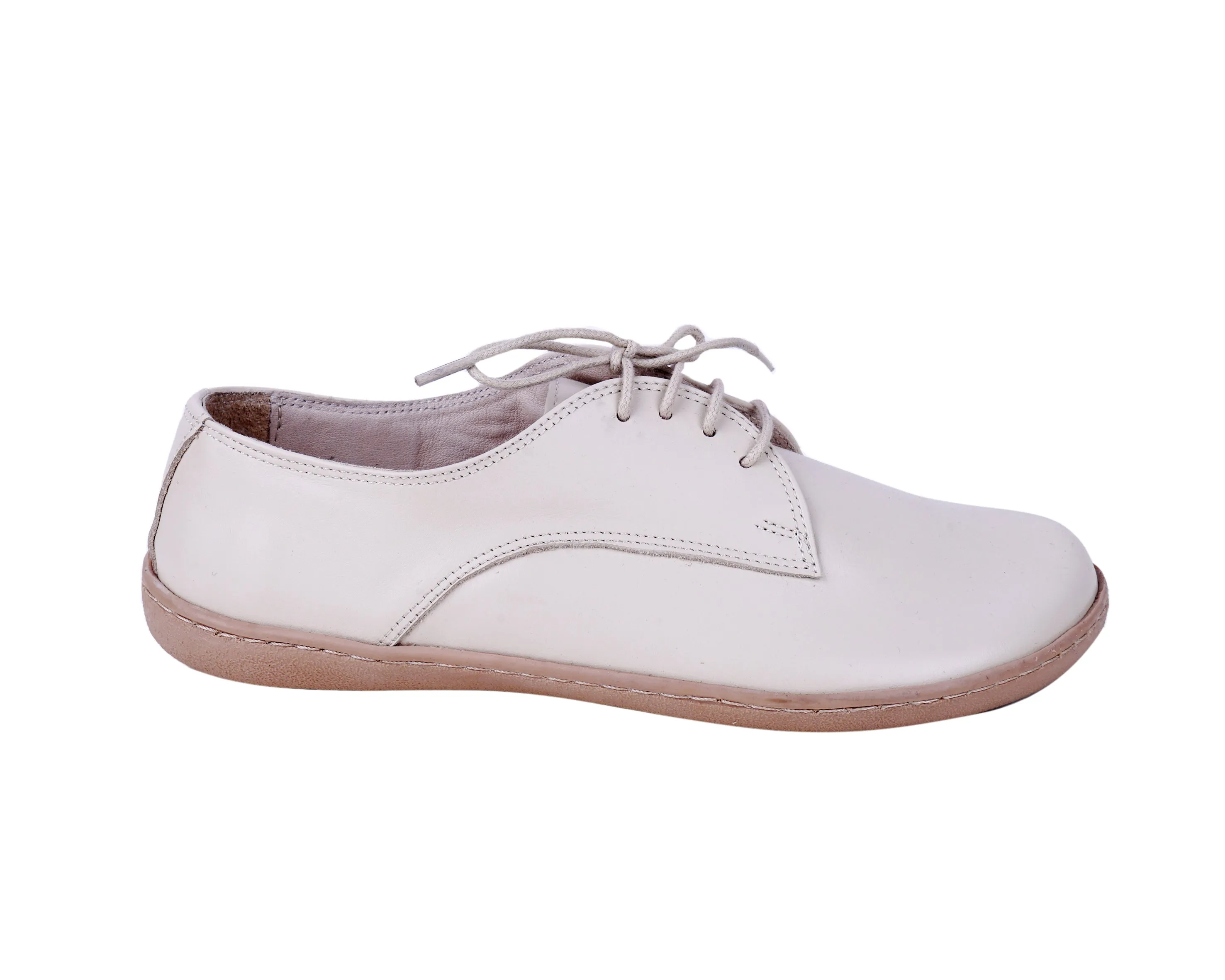 Cream Oxford Wide Barefoot Shoes Smooth Leather Handmade 6mm Rubber Outsole