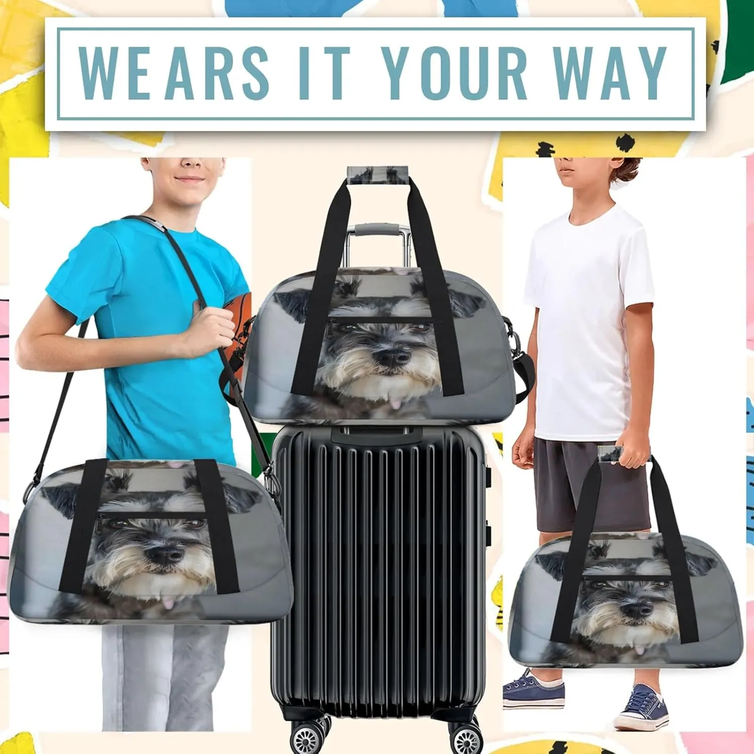 Cute Schnauzer Dog Small Gym Bag 18 inch Carry On Duffel Bag for Weekender Travel Sports Workout Yoga Gymnastics Dance Ballet