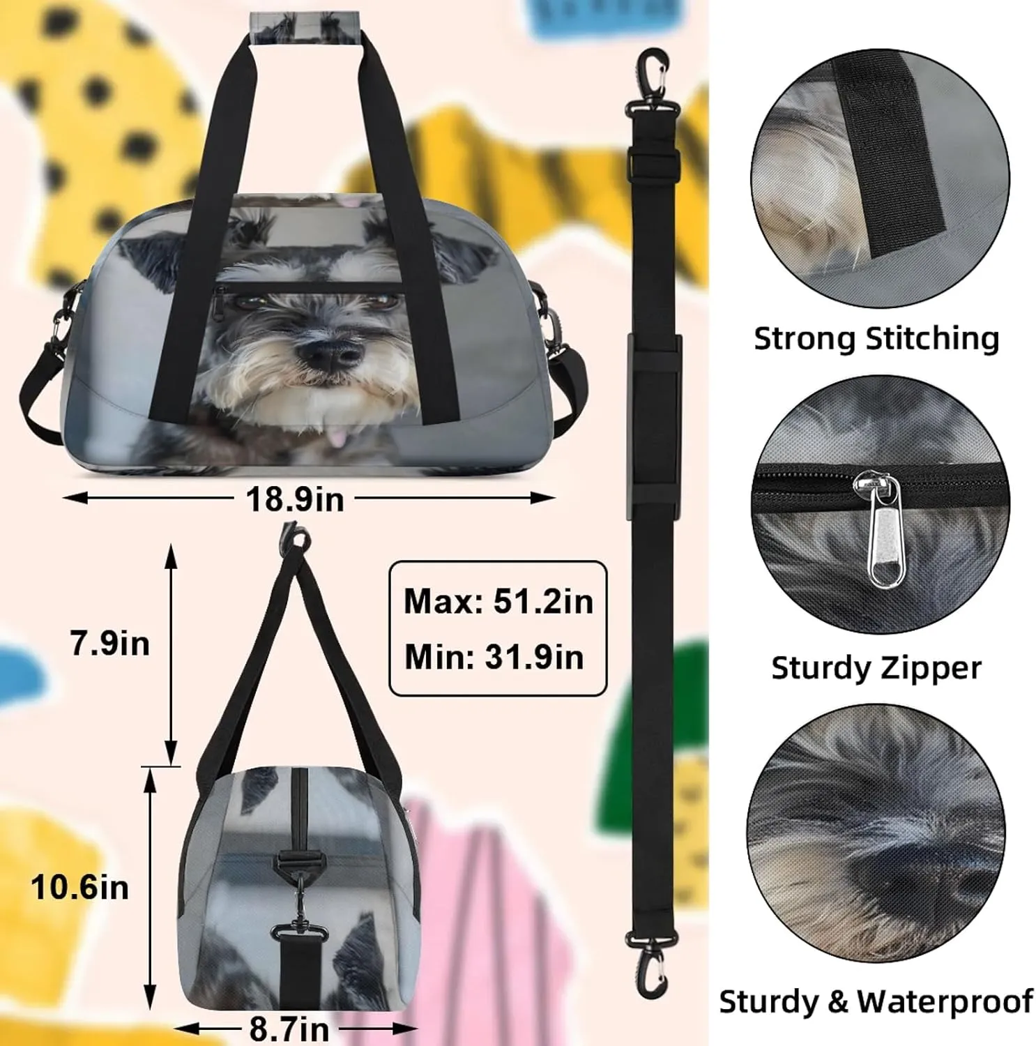 Cute Schnauzer Dog Small Gym Bag 18 inch Carry On Duffel Bag for Weekender Travel Sports Workout Yoga Gymnastics Dance Ballet