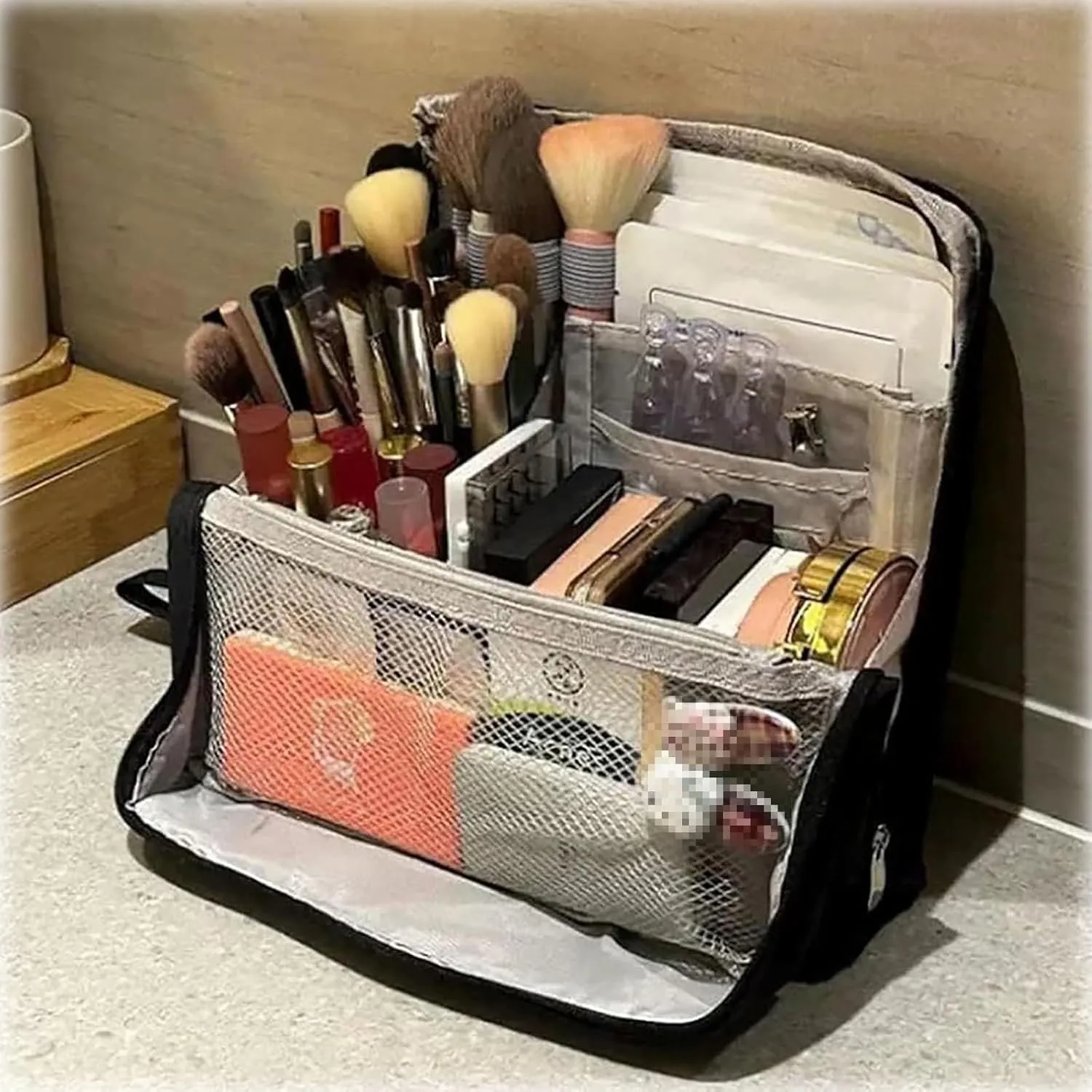 Doresty Makeup Bag, Doresty Standing Makeup Bag, Multi-Purpose Large Capacity Oxford Cloth Standing Makeups Bags, with Compartments, Toiletry Bag for Girls Women (Gray)