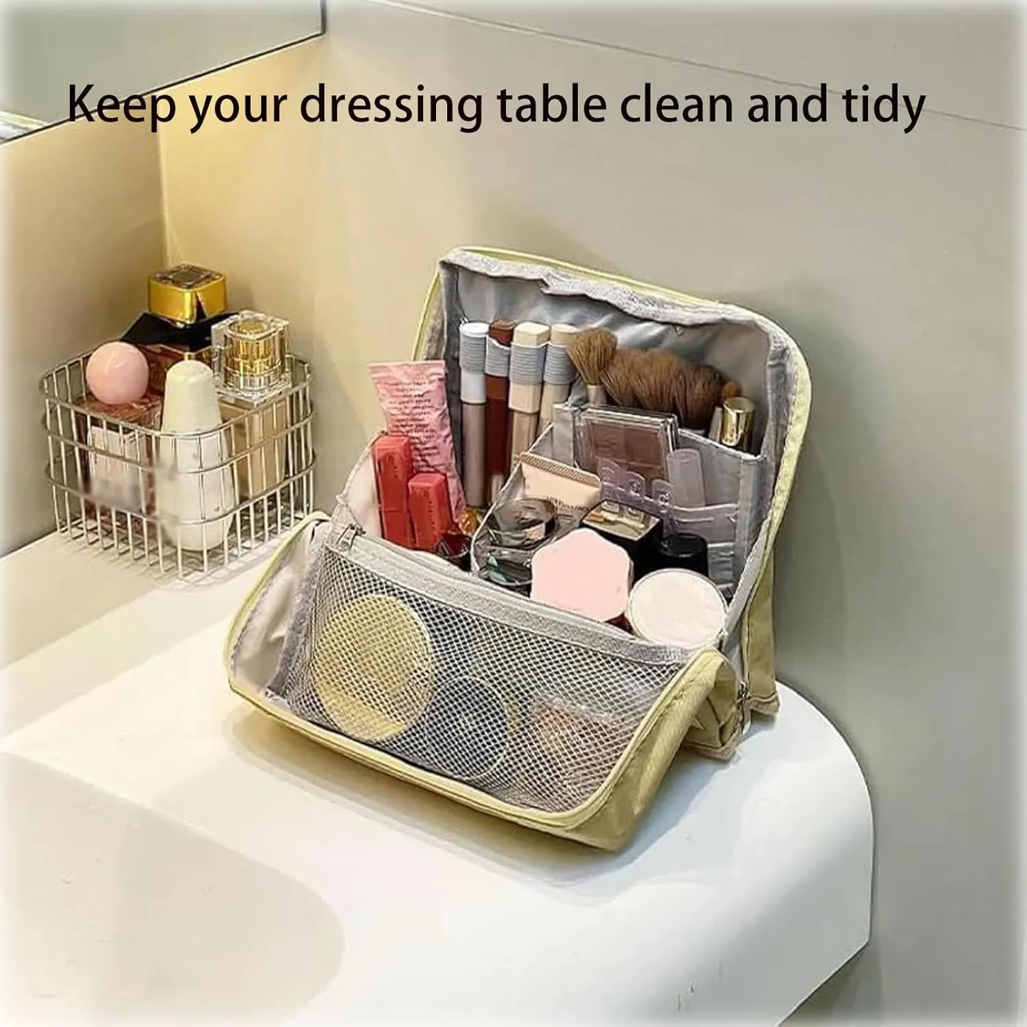 Doresty Makeup Bag, Doresty Standing Makeup Bag, Multi-Purpose Large Capacity Oxford Cloth Standing Makeups Bags, with Compartments, Toiletry Bag for Girls Women (Gray)