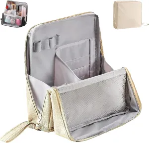 Doresty Makeup Bag, Standing Makeup Bag – Portable, Large Capacity, Multi-Purpose Large Capacity Oxford Cloth Standing MakeupBag with Compartments (Beige)