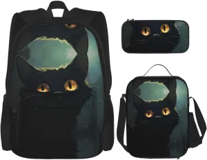 Doubtful Cat Head Backpack set (3-piece set) - student school bag   pencil case   lunch bag, large capacity backpack