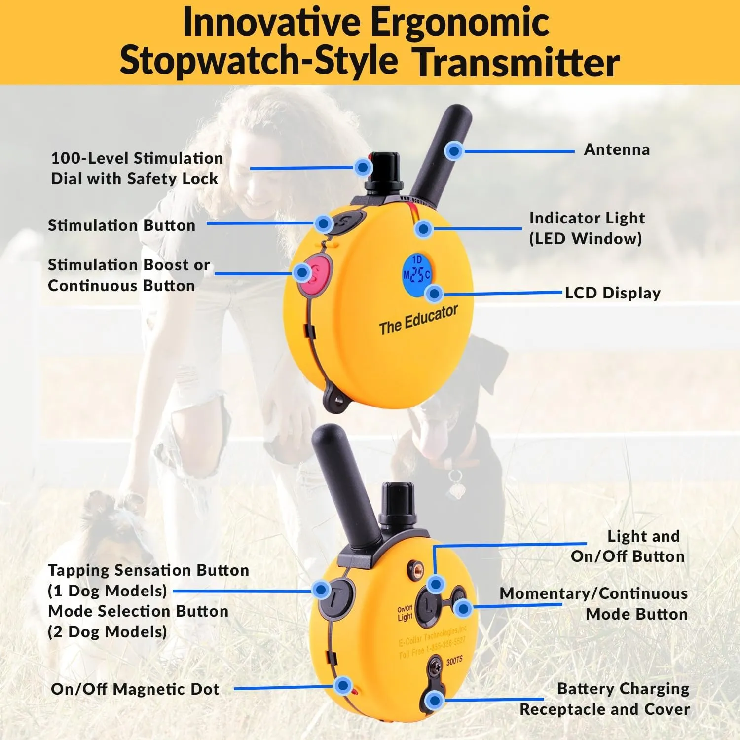 Educator E-Collar Humane Dog Training Collar with Remote, 100 Safe Tapping Stimulation Levels, Night Light, Waterproof, Rechargeable, 3/4 Mile 2 Small-Medium Dogs, Yellow