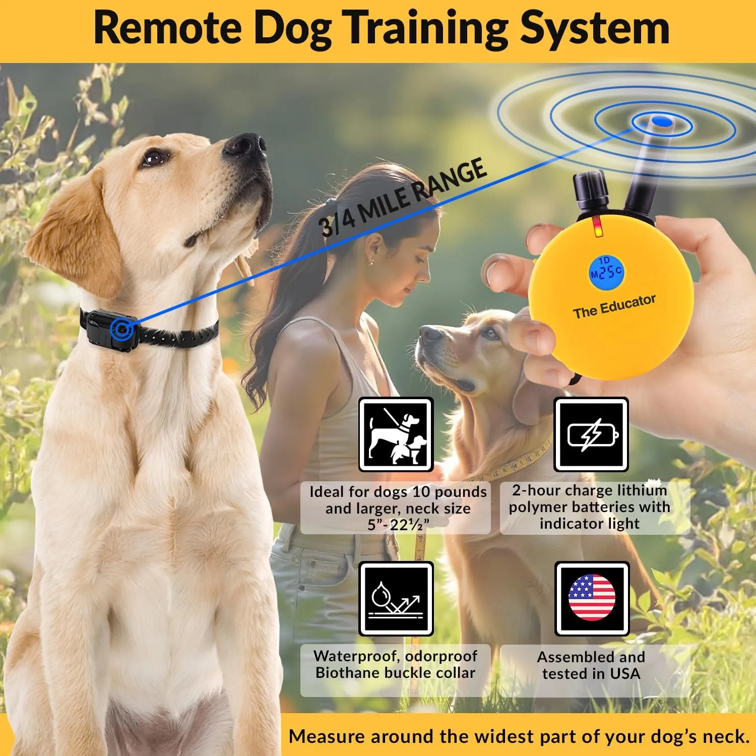 Educator E-Collar Humane Dog Training Collar with Remote, 100 Safe Tapping Stimulation Levels, Night Light, Waterproof, Rechargeable, 3/4 Mile 2 Small-Medium Dogs, Yellow