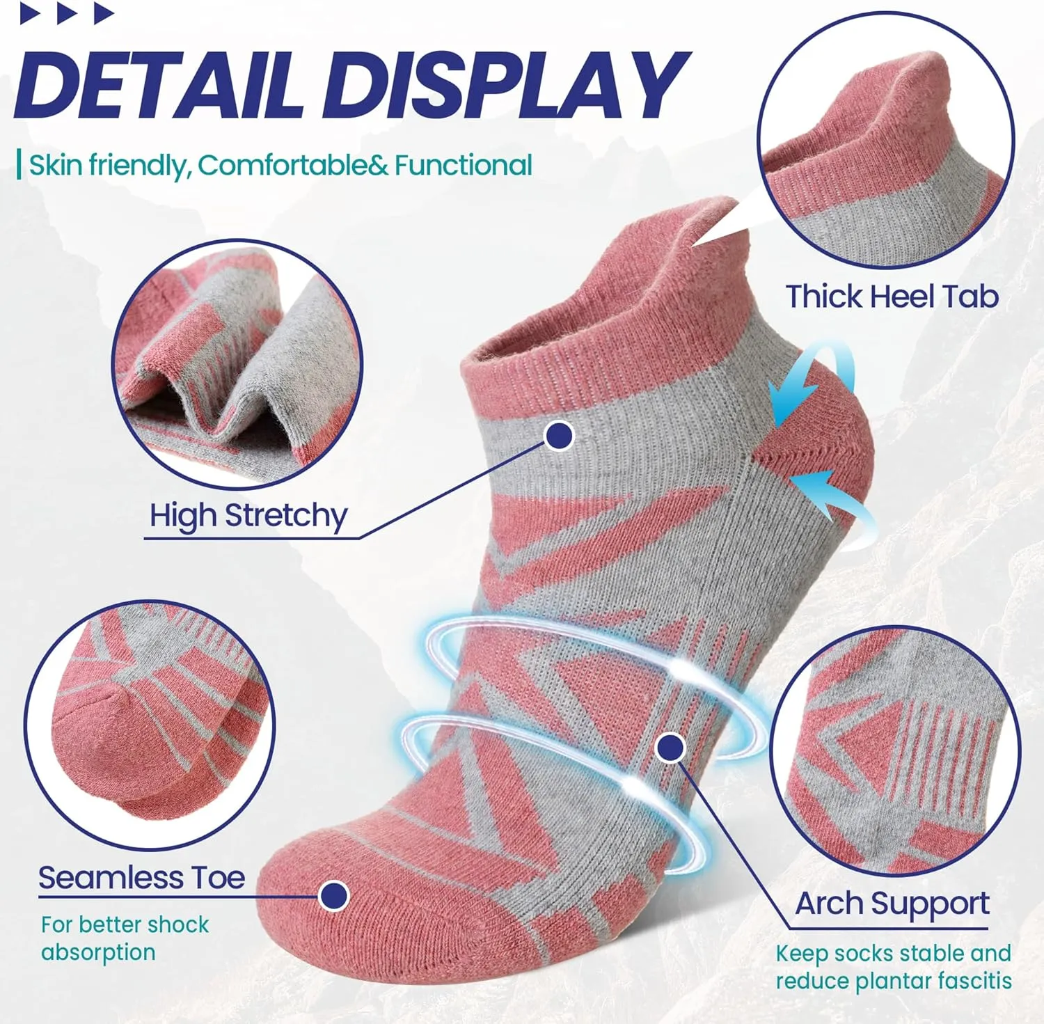 Eyean Merino Wool Ankle Running Socks Men Women Hiking Thick Half Cushioned Support No Show Socks 6 Pairs