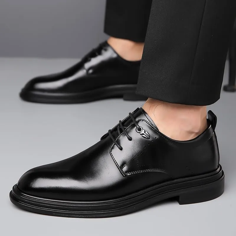 Fashionable Men's Dress Brogue Luxury Formal Business Lace-up Leather Shoes Round Toe Platform Height Increase Oxford