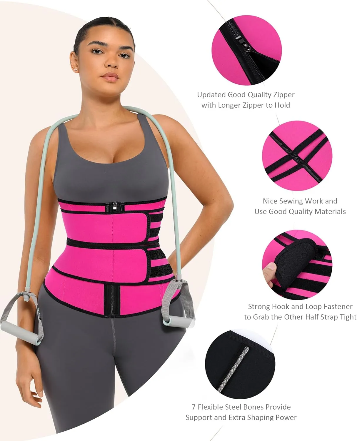 FeelinGirl Waist Trainer for Women Belly Fat Long Torso Sauna Workout 2 Belt With Zipper 7 Steel Bones Corset
