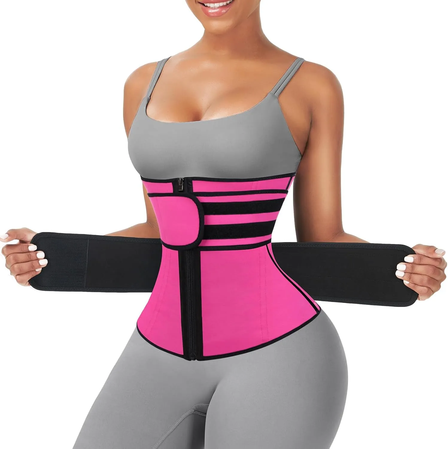 FeelinGirl Waist Trainer for Women Belly Fat Long Torso Sauna Workout 2 Belt With Zipper 7 Steel Bones Corset