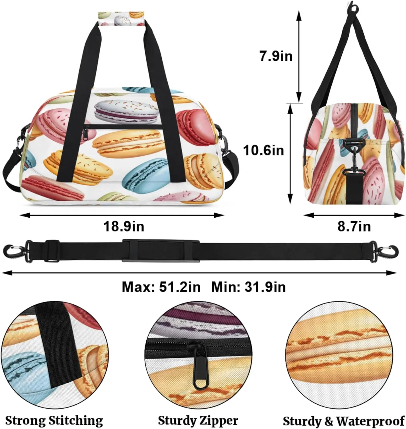 French Macarons Small Gym Bag for Women Men, Colorful Travel Duffle Bag Workout Dance Tote Bag Carry On Overnight Weekender Bag