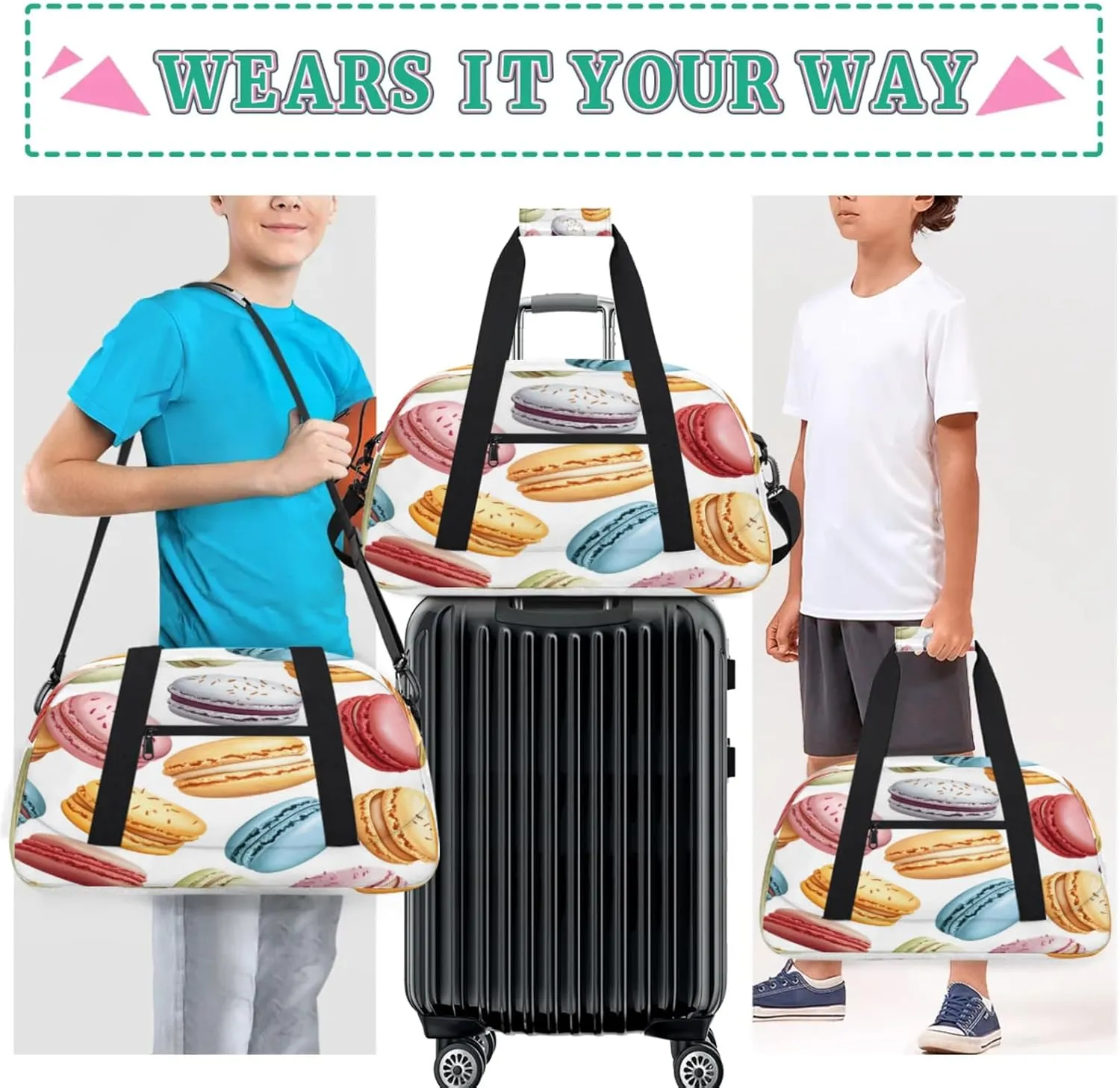 French Macarons Small Gym Bag for Women Men, Colorful Travel Duffle Bag Workout Dance Tote Bag Carry On Overnight Weekender Bag