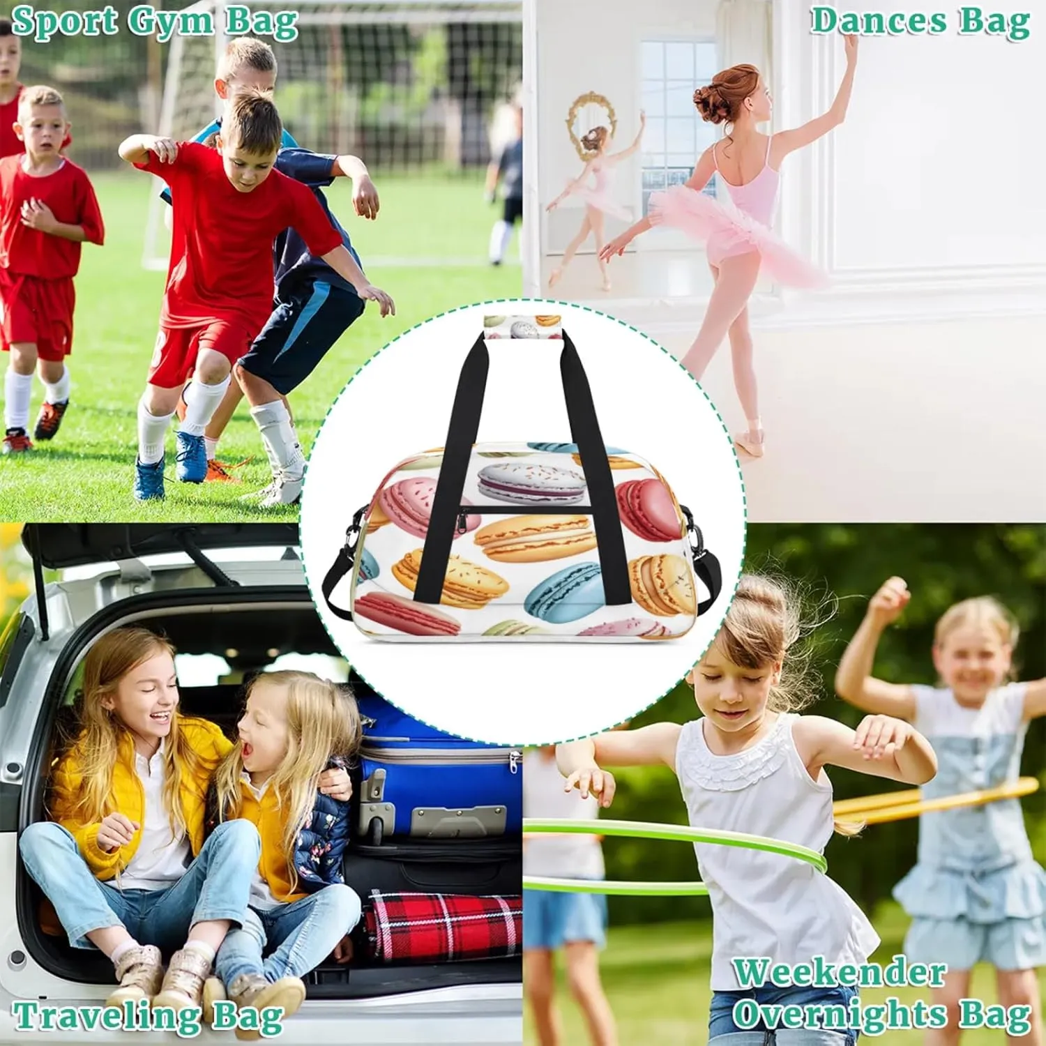 French Macarons Small Gym Bag for Women Men, Colorful Travel Duffle Bag Workout Dance Tote Bag Carry On Overnight Weekender Bag