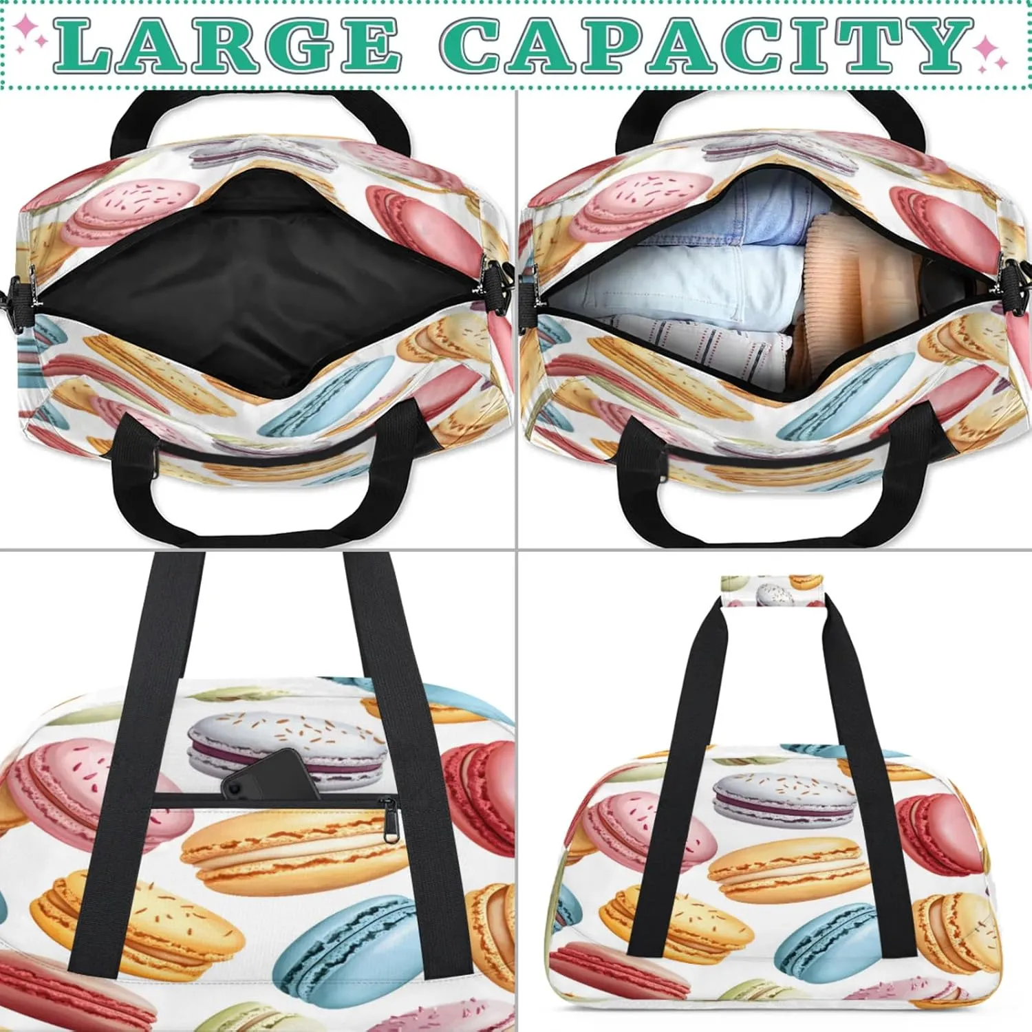 French Macarons Small Gym Bag for Women Men, Colorful Travel Duffle Bag Workout Dance Tote Bag Carry On Overnight Weekender Bag