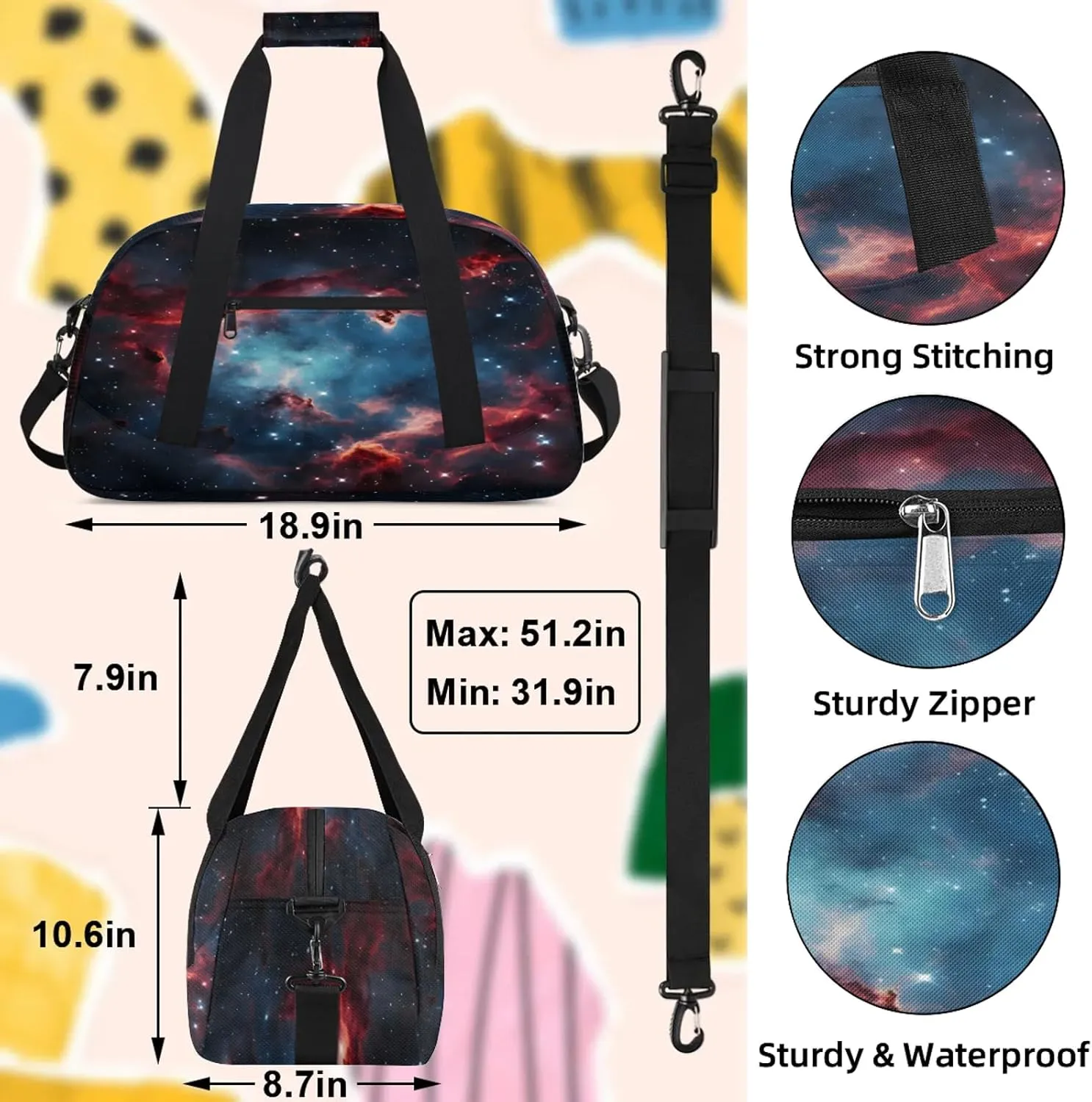 Galaxy Star Outer Space Small Gym Bag 18 inch Carry On Duffel Bag for Weekender Travel Sports Workout Yoga Gymnastics Dance Ballet