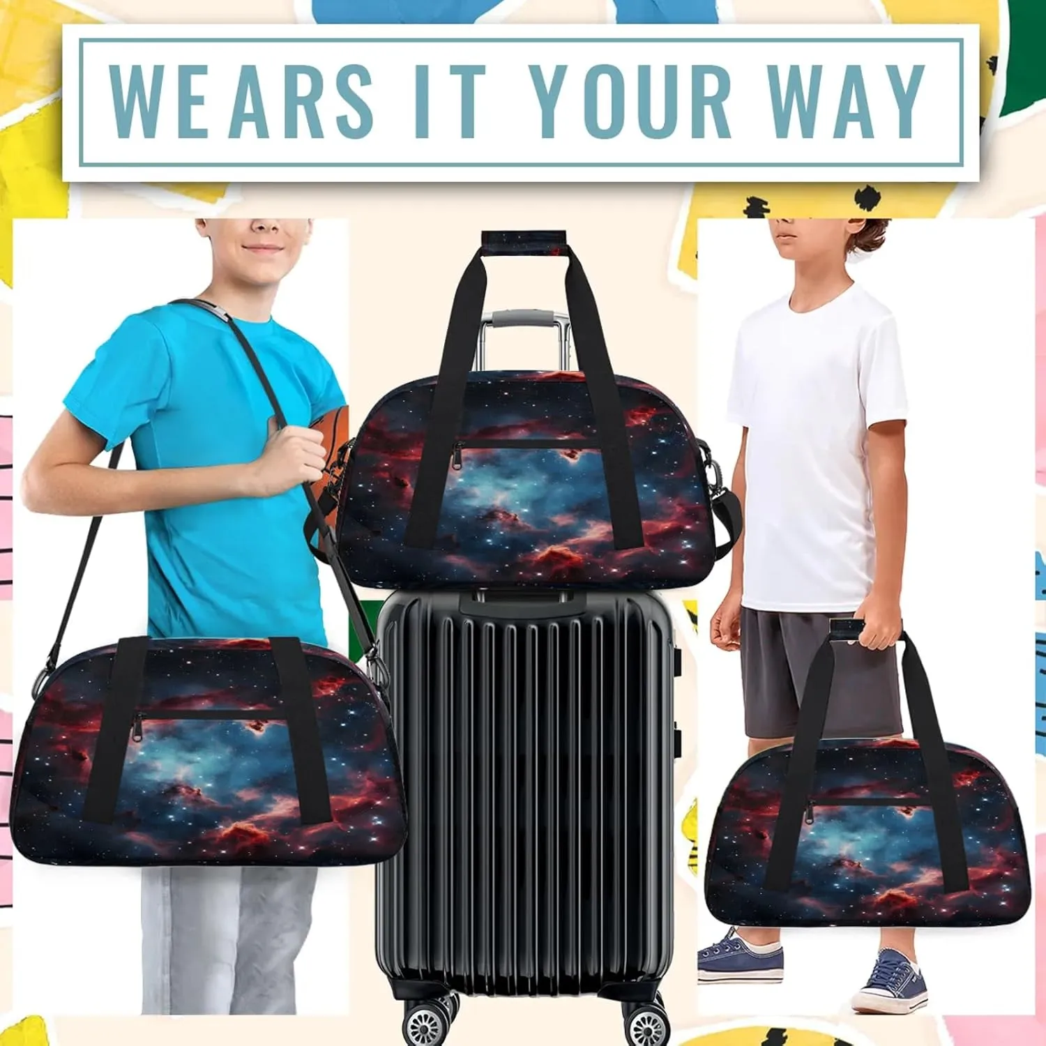 Galaxy Star Outer Space Small Gym Bag 18 inch Carry On Duffel Bag for Weekender Travel Sports Workout Yoga Gymnastics Dance Ballet