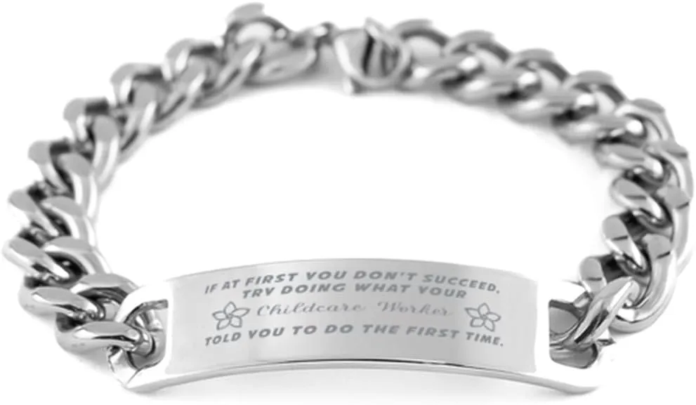 GIFTVILLE & SURPRISE Childcare Worker Bracelet, If at first you don't succeed, try doing what your athletic trainer told you to do the first time., Cuban Link Chain Necklace, Childcare Worker Gifts