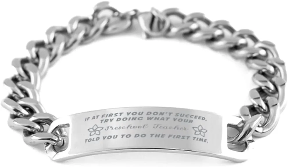 GIFTVILLE & SURPRISE Preschool Teacher Bracelet, If at first you don't succeed, try doing what your athletic trainer told you to do the first time., Cuban Link Chain Necklace, Preschool Teacher Gifts