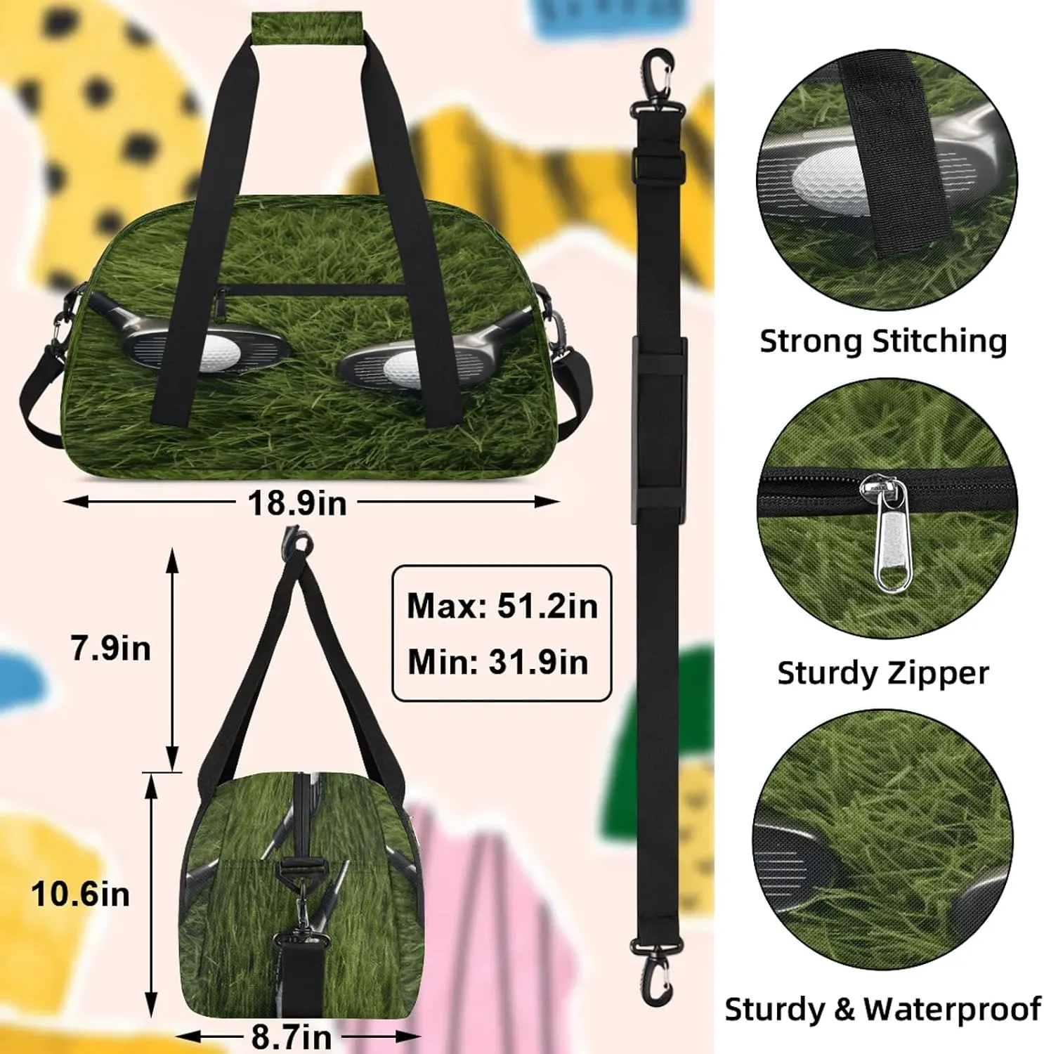 Golf Ball Small Gym Bag 18 inch Carry On Duffel Bag for Weekender Travel Sports Workout Yoga Gymnastics Dance Ballet