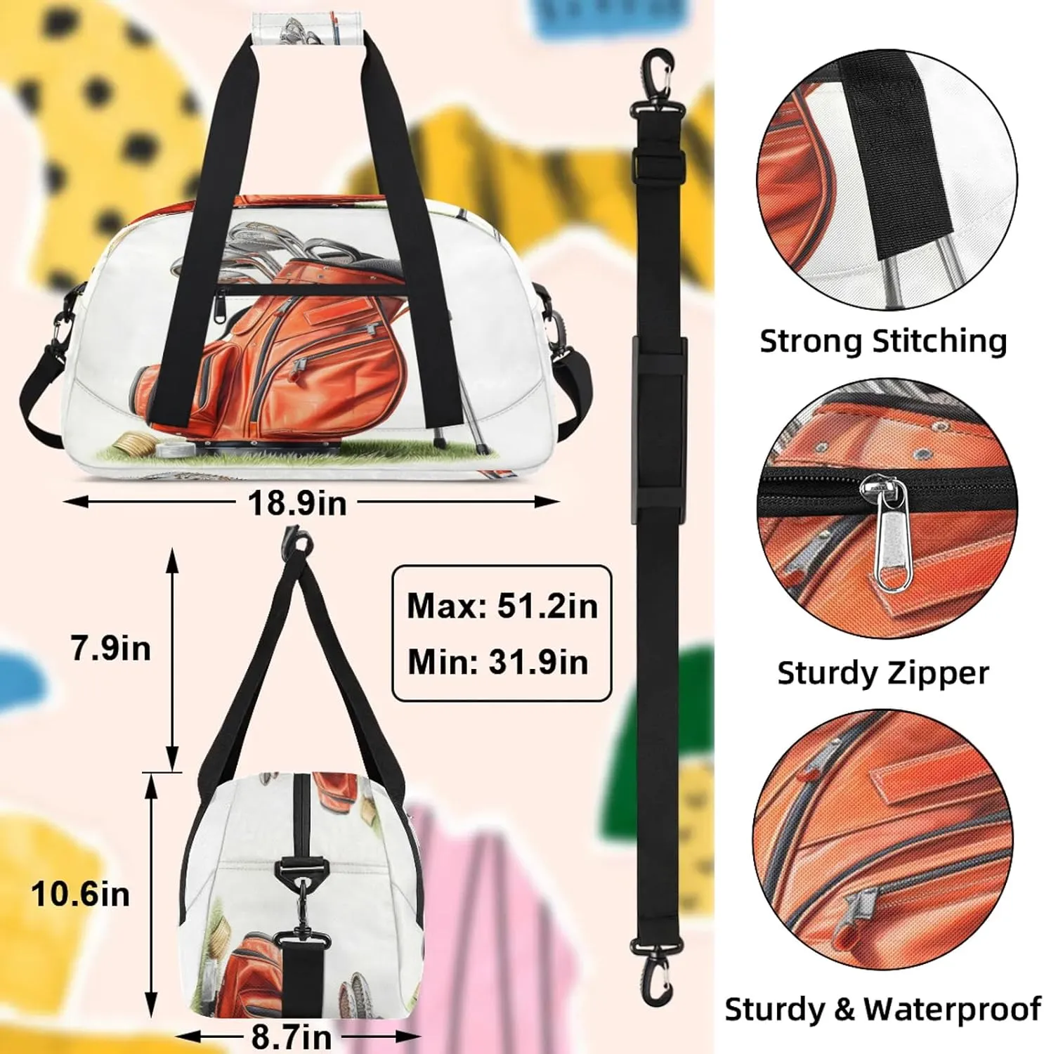 Golf Themed Small Gym Bag 18 inch Carry On Duffel Bag for Weekender Travel Sports Workout Yoga Gymnastics Dance Ballet