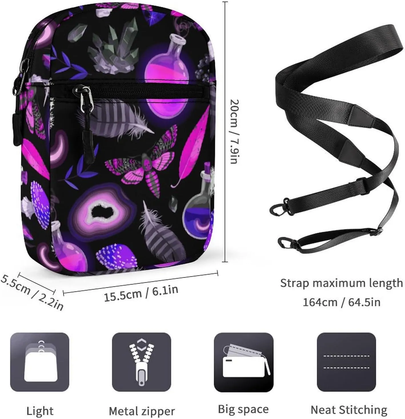Gothic Magic Witch Potion Detachable Shoulder Strap Small Shoulder Bag Unisex