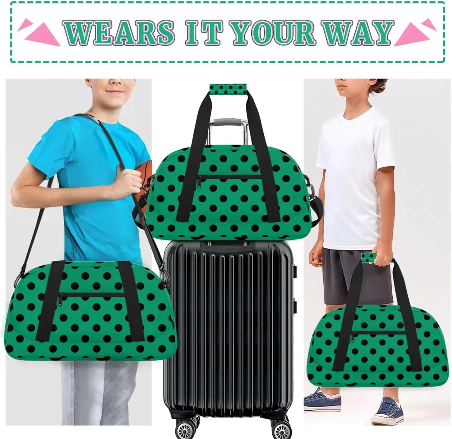 Green Polka Dot 18 inch Small Gym Bag for Women and Men, Lightweight Carry On Weekender Bag Mini Duffel Bag for Travel Sports Workout