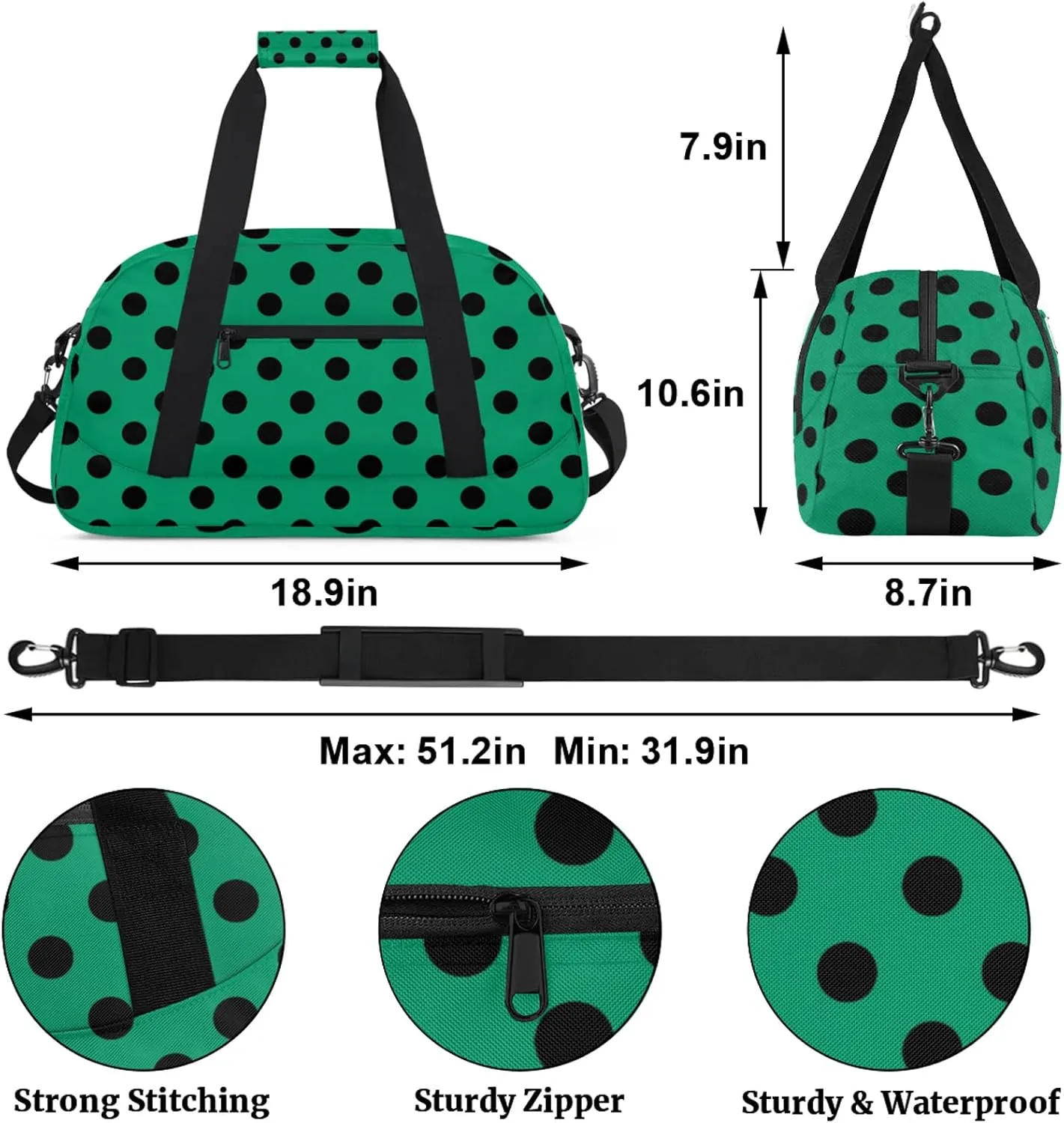 Green Polka Dot 18 inch Small Gym Bag for Women and Men, Lightweight Carry On Weekender Bag Mini Duffel Bag for Travel Sports Workout