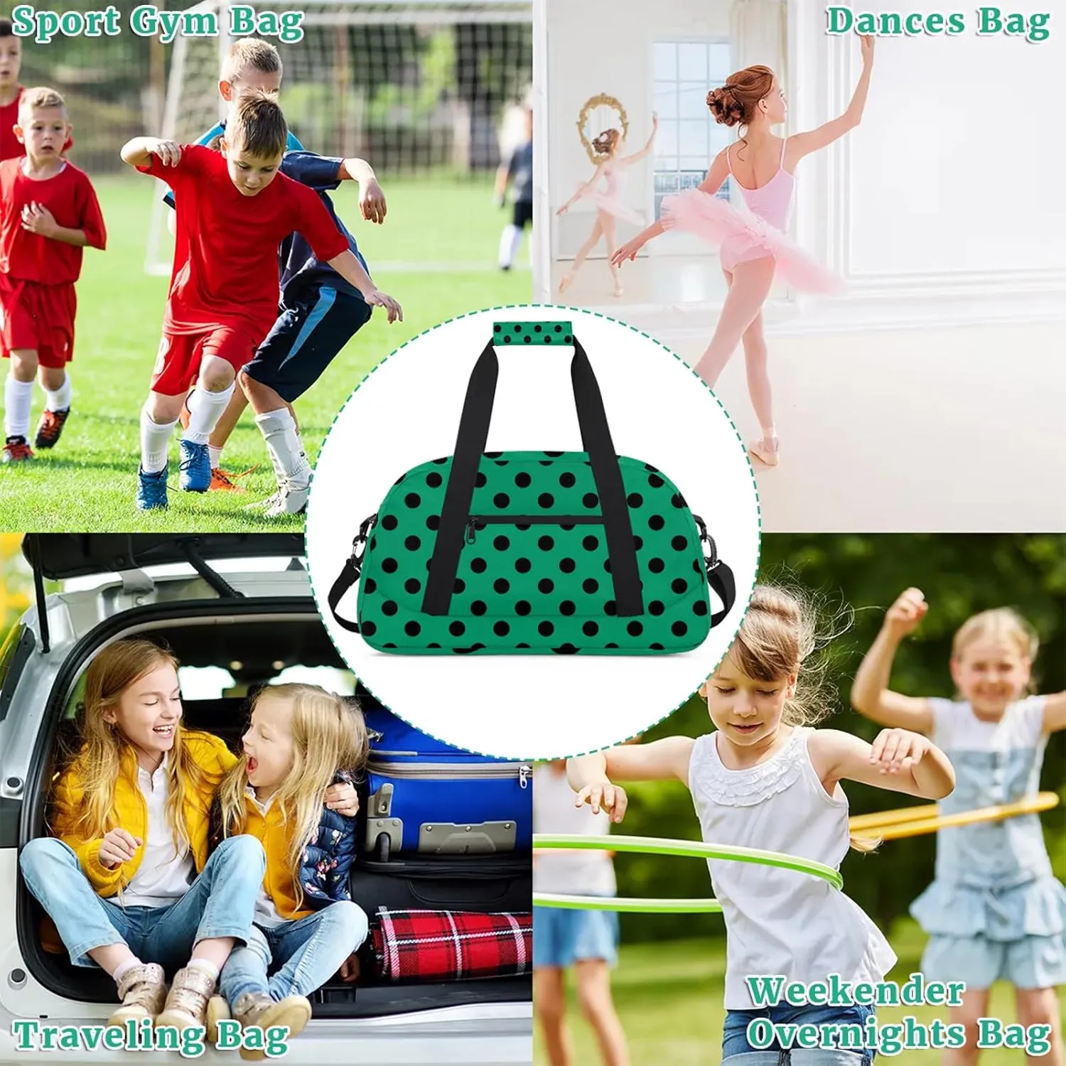 Green Polka Dot 18 inch Small Gym Bag for Women and Men, Lightweight Carry On Weekender Bag Mini Duffel Bag for Travel Sports Workout