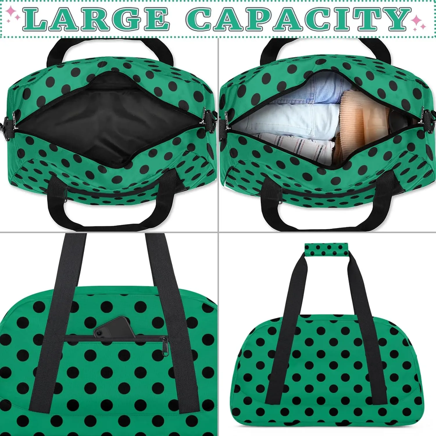 Green Polka Dot 18 inch Small Gym Bag for Women and Men, Lightweight Carry On Weekender Bag Mini Duffel Bag for Travel Sports Workout