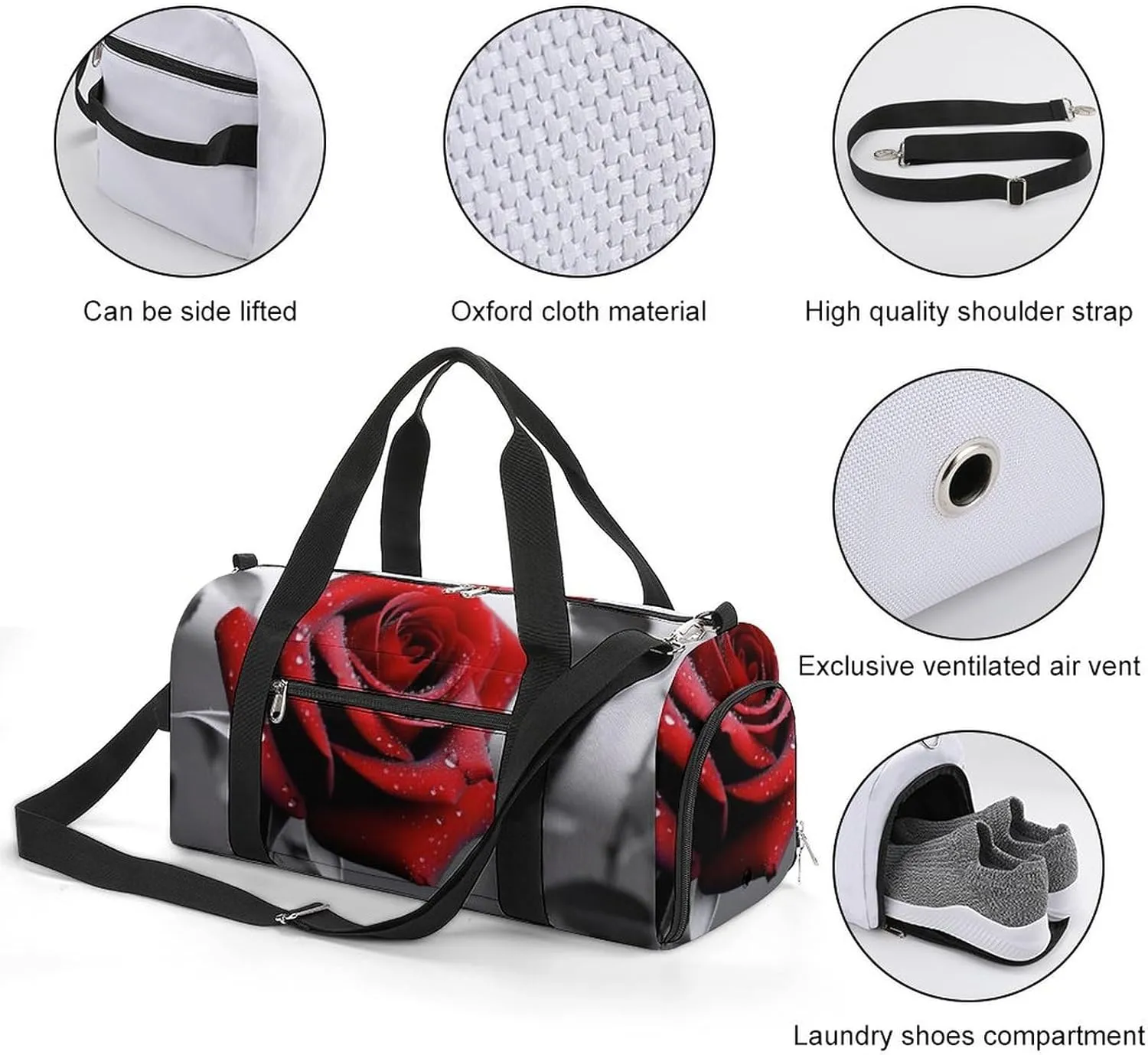 Gym Bag Black And White Red Rose Duffel Bag for Men Women Overnight Bag with Shoe Compartment Workout Bags