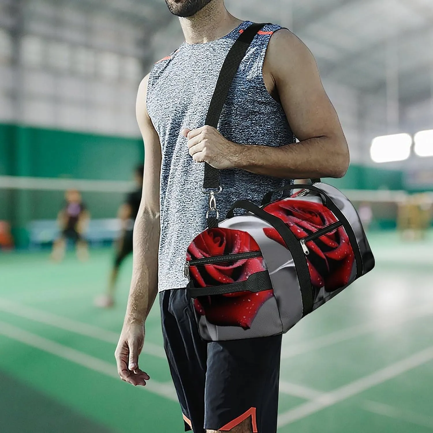 Gym Bag Black And White Red Rose Duffel Bag for Men Women Overnight Bag with Shoe Compartment Workout Bags