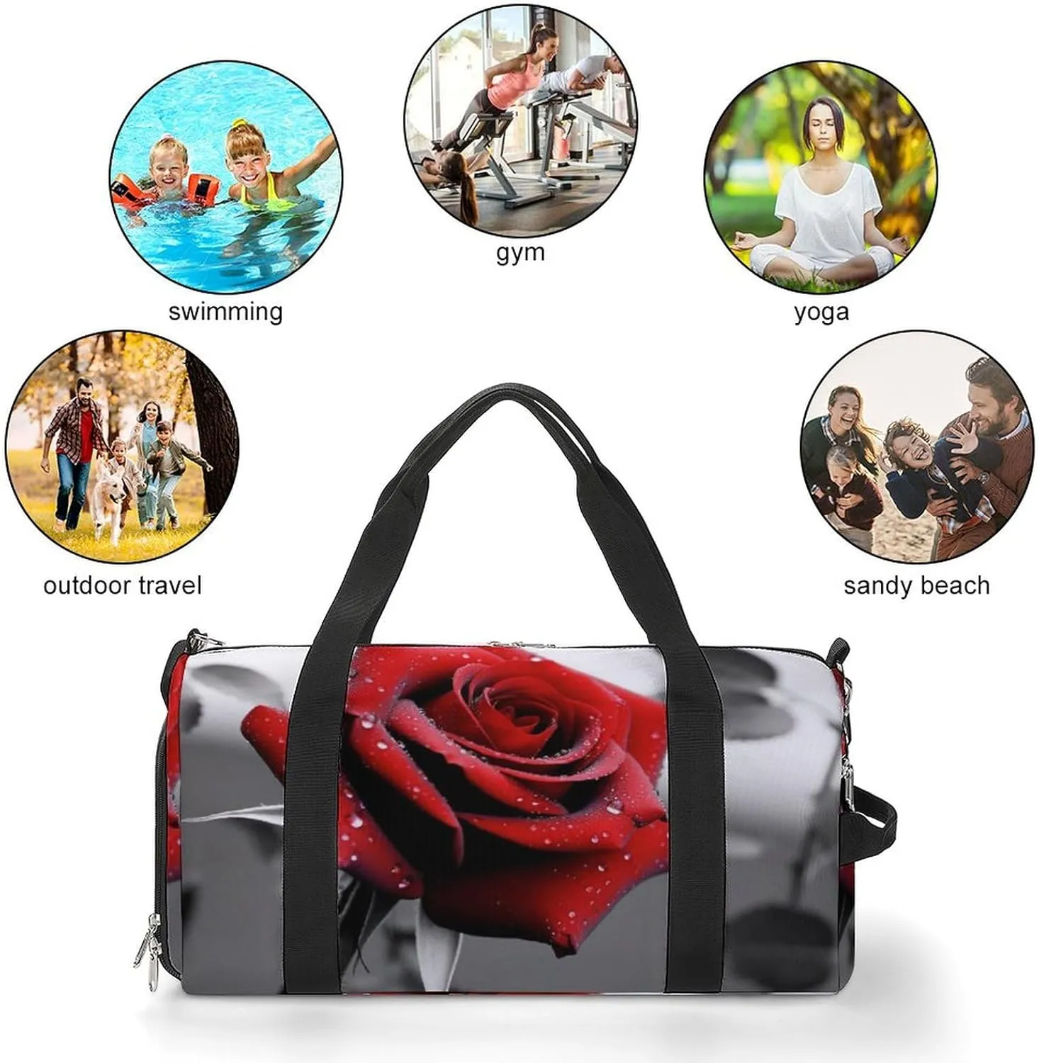 Gym Bag Black And White Red Rose Duffel Bag for Men Women Overnight Bag with Shoe Compartment Workout Bags