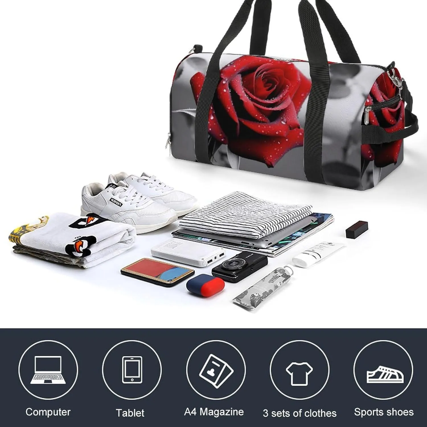 Gym Bag Black And White Red Rose Duffel Bag for Men Women Overnight Bag with Shoe Compartment Workout Bags