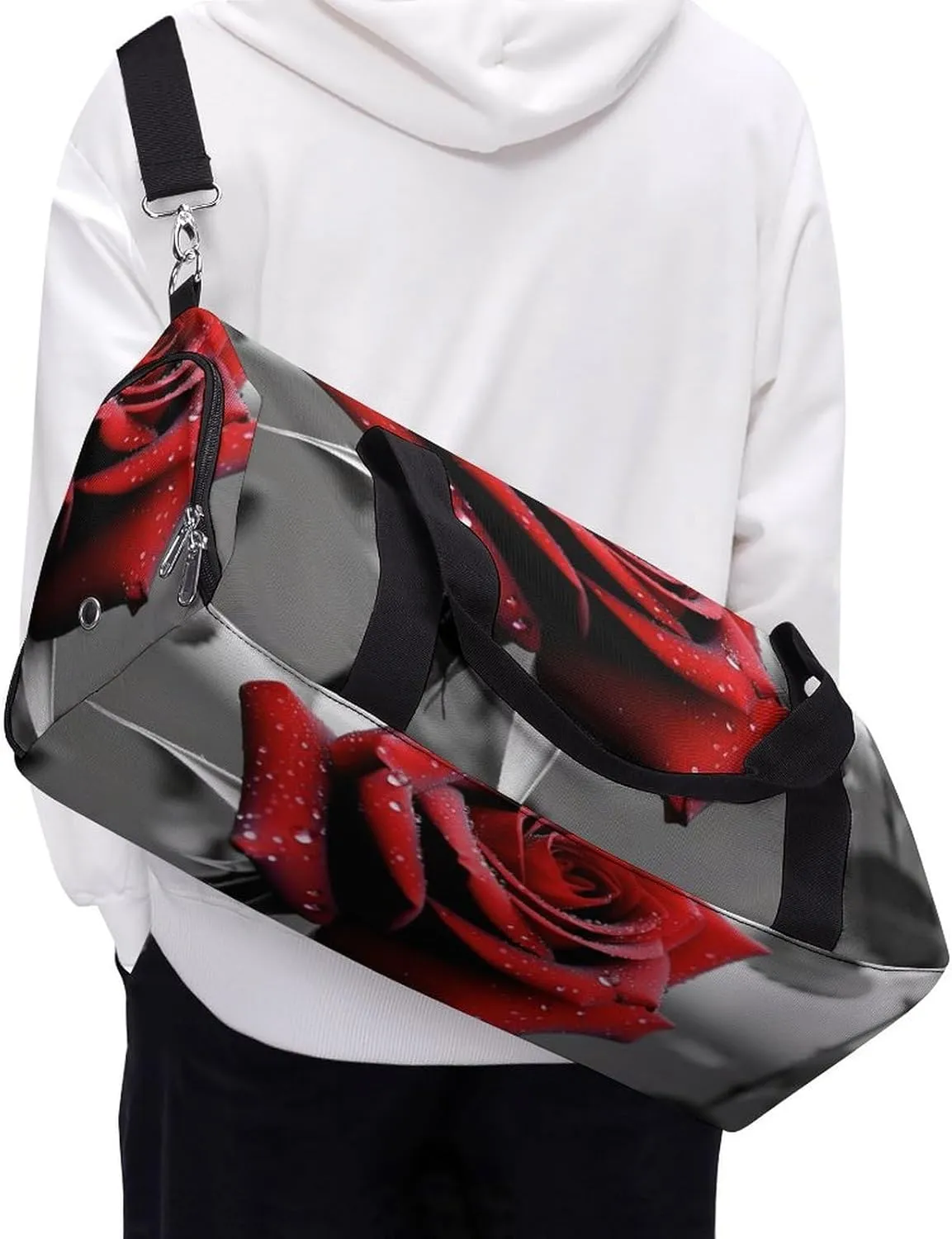 Gym Bag Black And White Red Rose Duffel Bag for Men Women Overnight Bag with Shoe Compartment Workout Bags