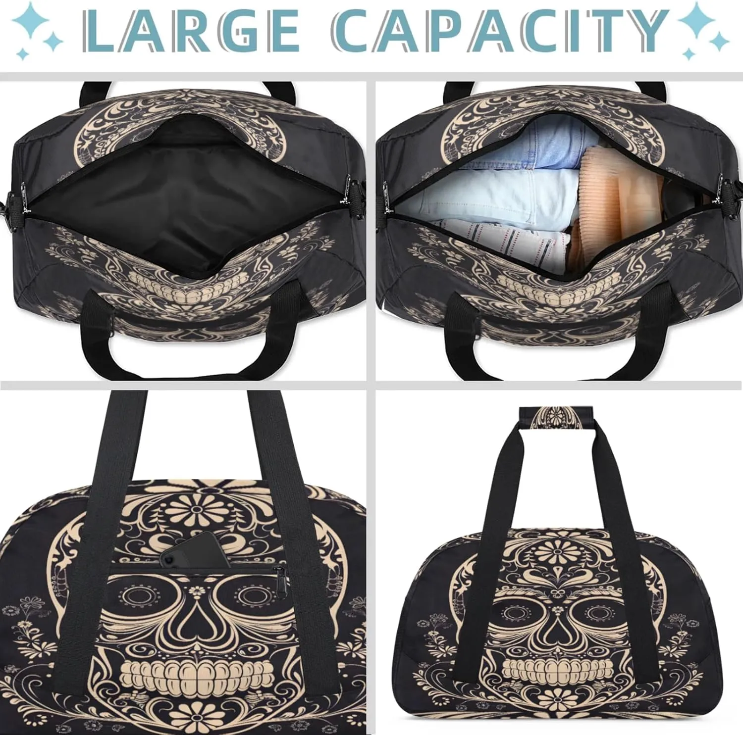 Halloween Sugar Skull Small Gym Bag 18 inch Carry On Duffel Bag for Weekender Travel Sports Workout Yoga Gymnastics Dance Ballet