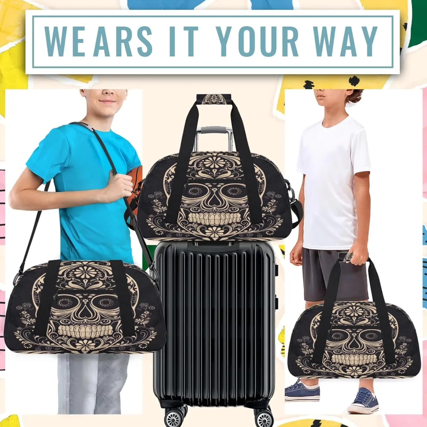 Halloween Sugar Skull Small Gym Bag 18 inch Carry On Duffel Bag for Weekender Travel Sports Workout Yoga Gymnastics Dance Ballet