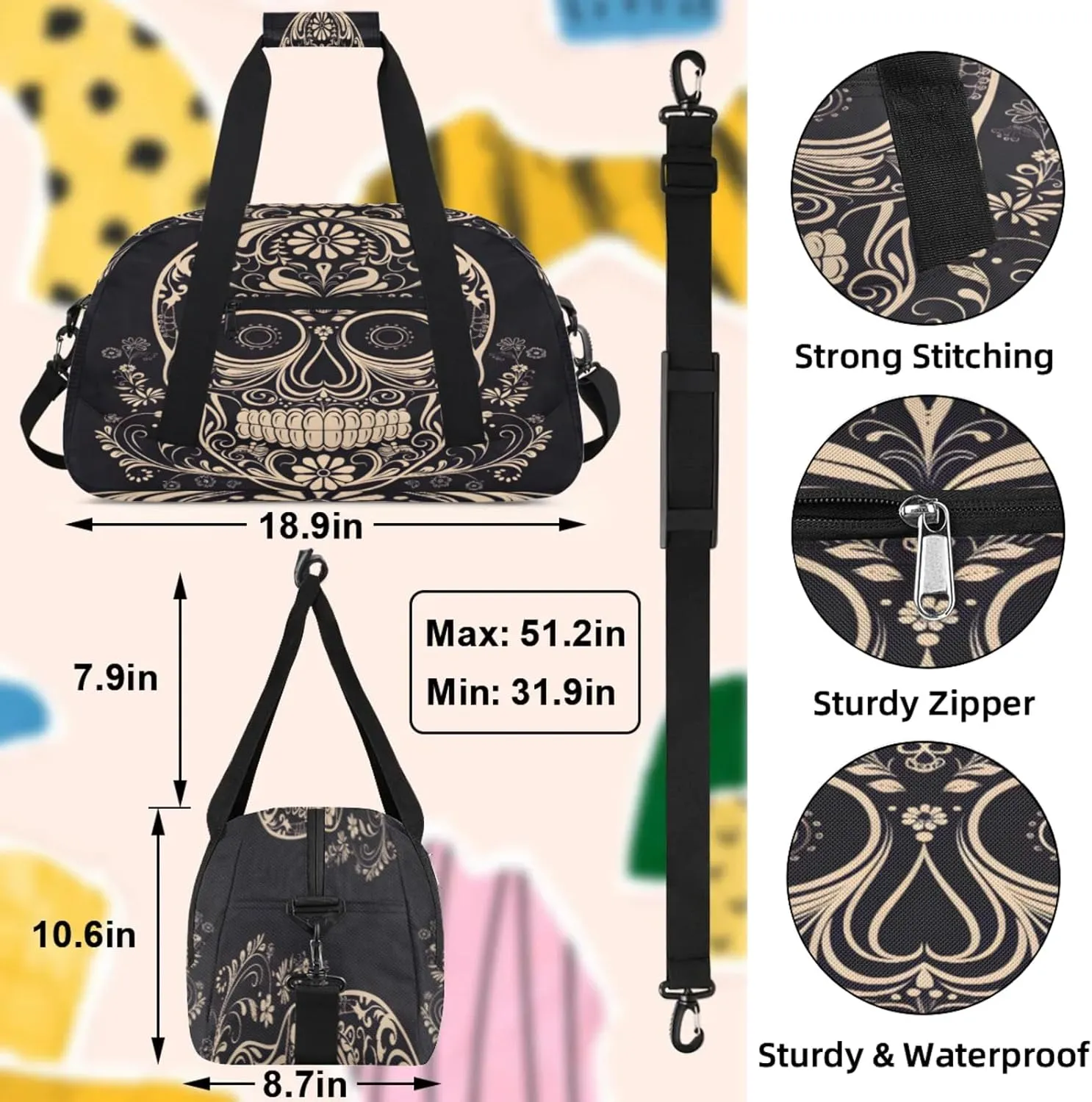Halloween Sugar Skull Small Gym Bag 18 inch Carry On Duffel Bag for Weekender Travel Sports Workout Yoga Gymnastics Dance Ballet