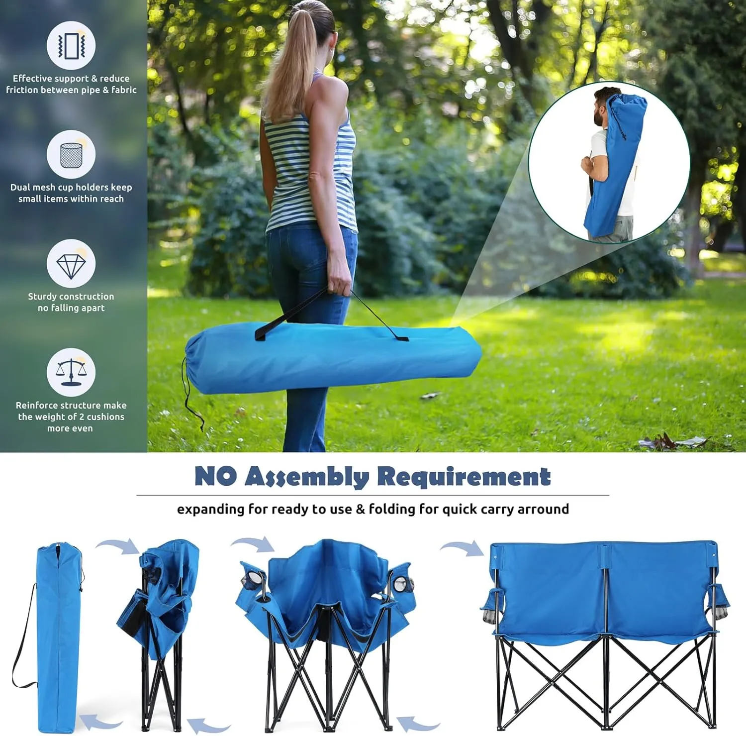HaSteeL Folding Camping Chair, Double Seat Foldable Camp Chair for 2 Persons, Portable & Large for Outdoor Fishing, Hiking, Travel, Picnic, Beach, Lawn, Patio, Include Storage Bag (Blue)
