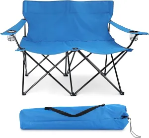 HaSteeL Folding Camping Chair, Double Seat Foldable Camp Chair for 2 Persons, Portable & Large for Outdoor Fishing, Hiking, Travel, Picnic, Beach, Lawn, Patio, Include Storage Bag (Blue)