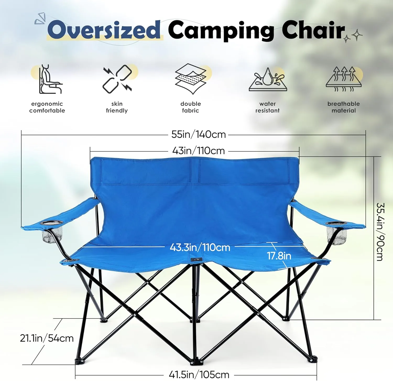 HaSteeL Folding Camping Chair, Double Seat Foldable Camp Chair for 2 Persons, Portable & Large for Outdoor Fishing, Hiking, Travel, Picnic, Beach, Lawn, Patio, Include Storage Bag (Blue)