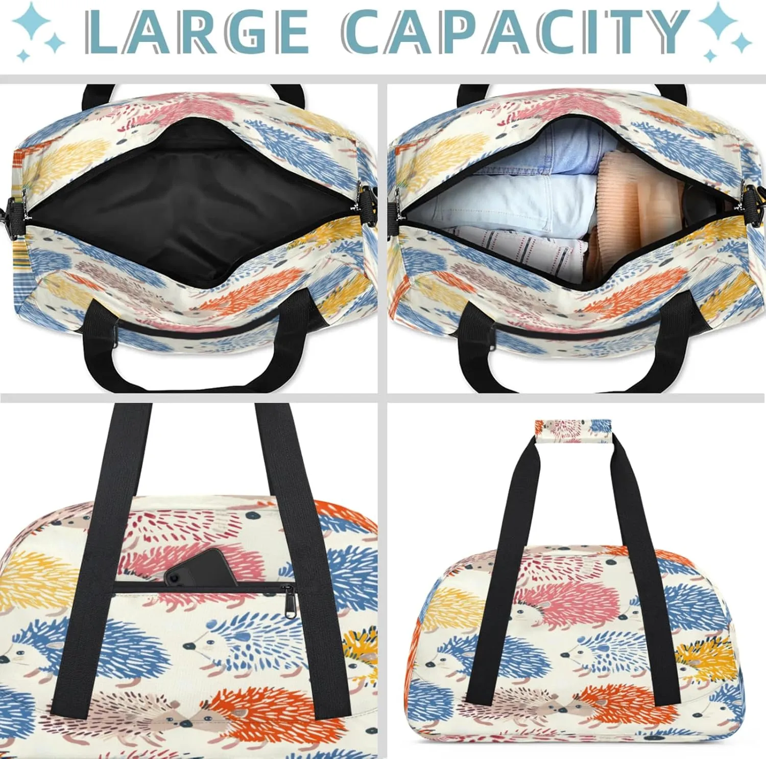 Hedgehog Colorful Small Gym Bag 18 inch Carry On Duffel Bag for Weekender Travel Sports Workout Yoga Gymnastics Dance Ballet