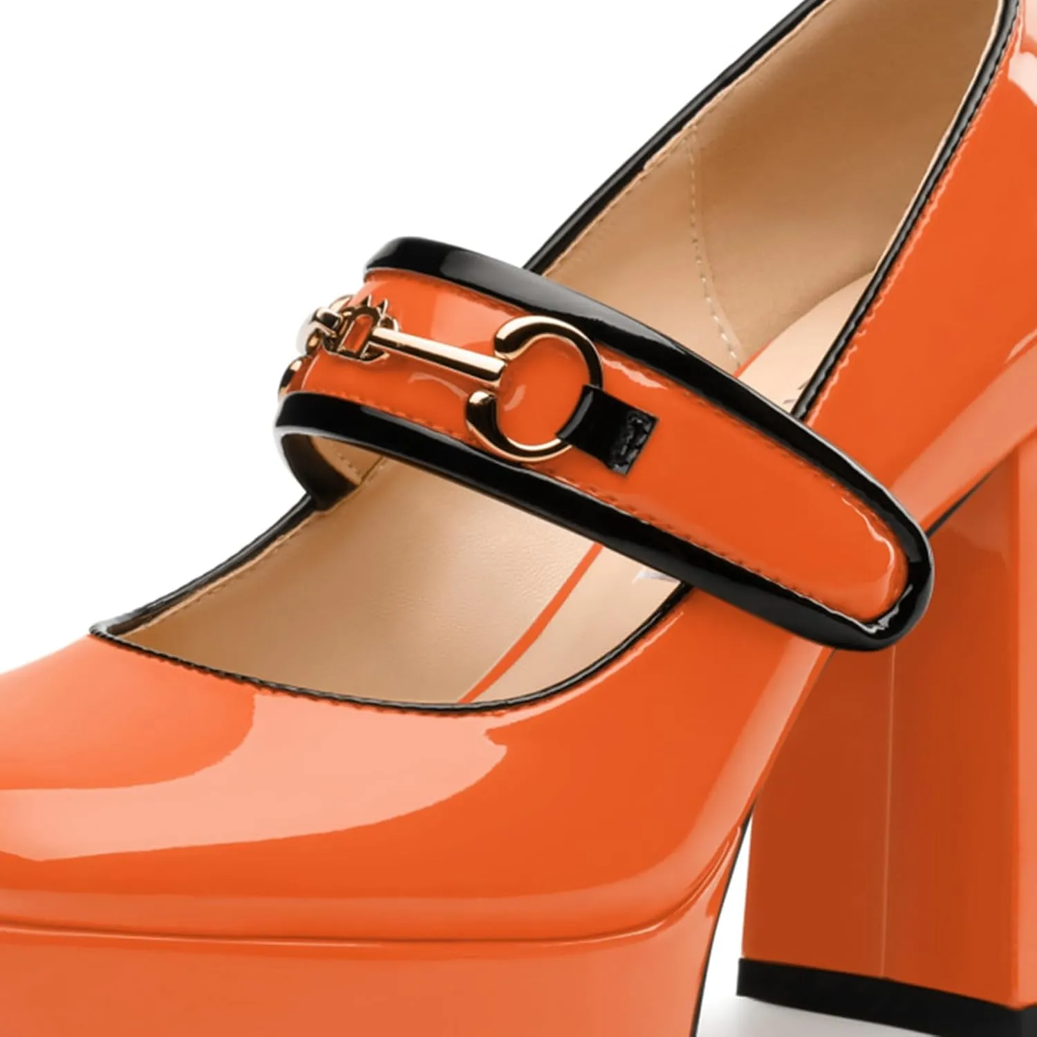 High Heels Pumps Square Toe Women's Shoes Patent Leather Thick Sole Thick Heel Hook-and-Loop Straps Height 10 Cm