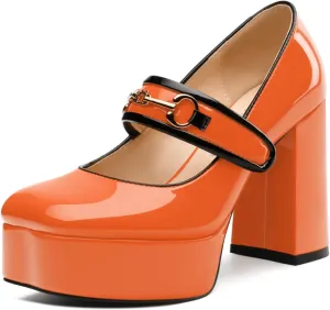 High Heels Pumps Square Toe Women's Shoes Patent Leather Thick Sole Thick Heel Hook-and-Loop Straps Height 10 Cm